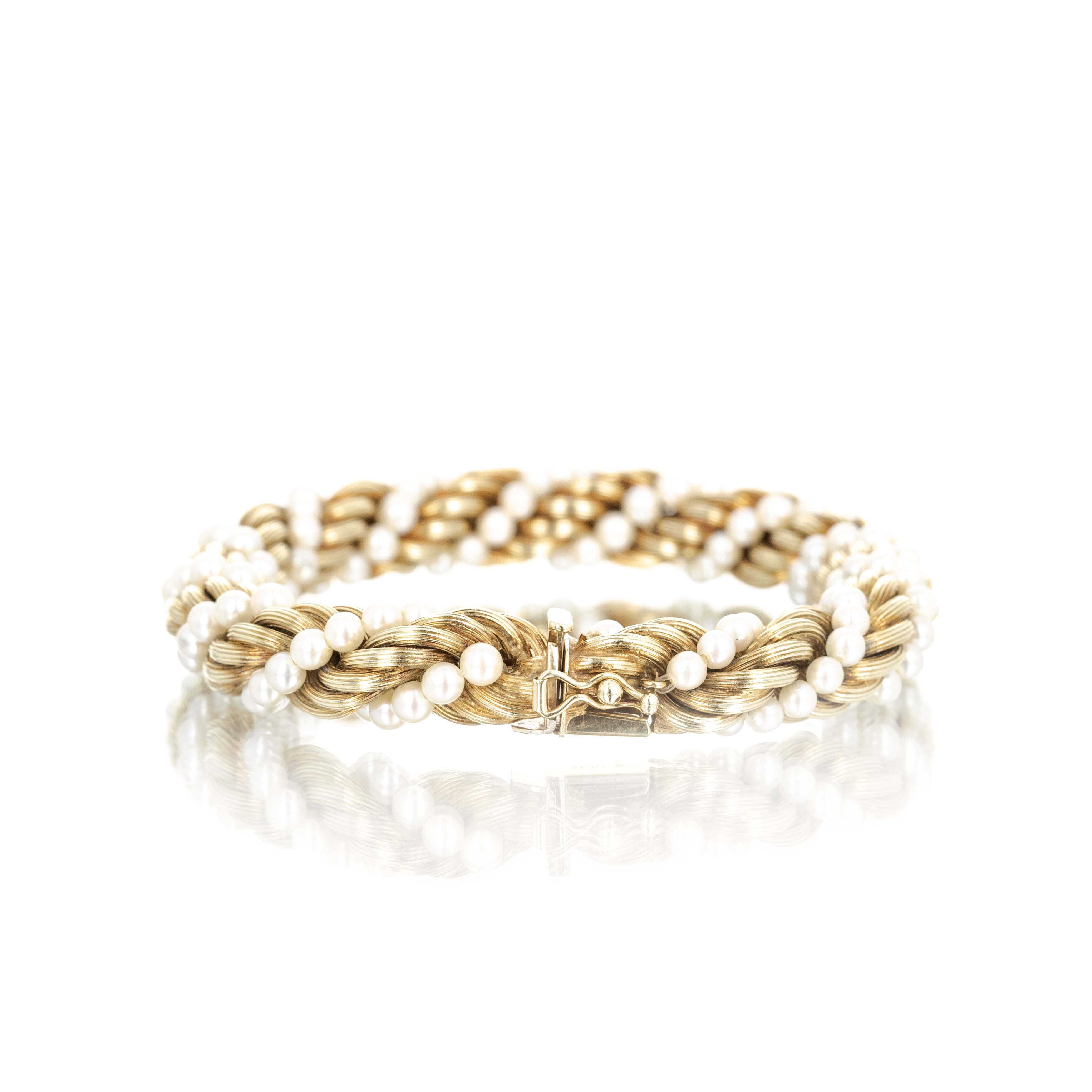 14K Yellow Gold Woven Pearl Bracelet - Queen May