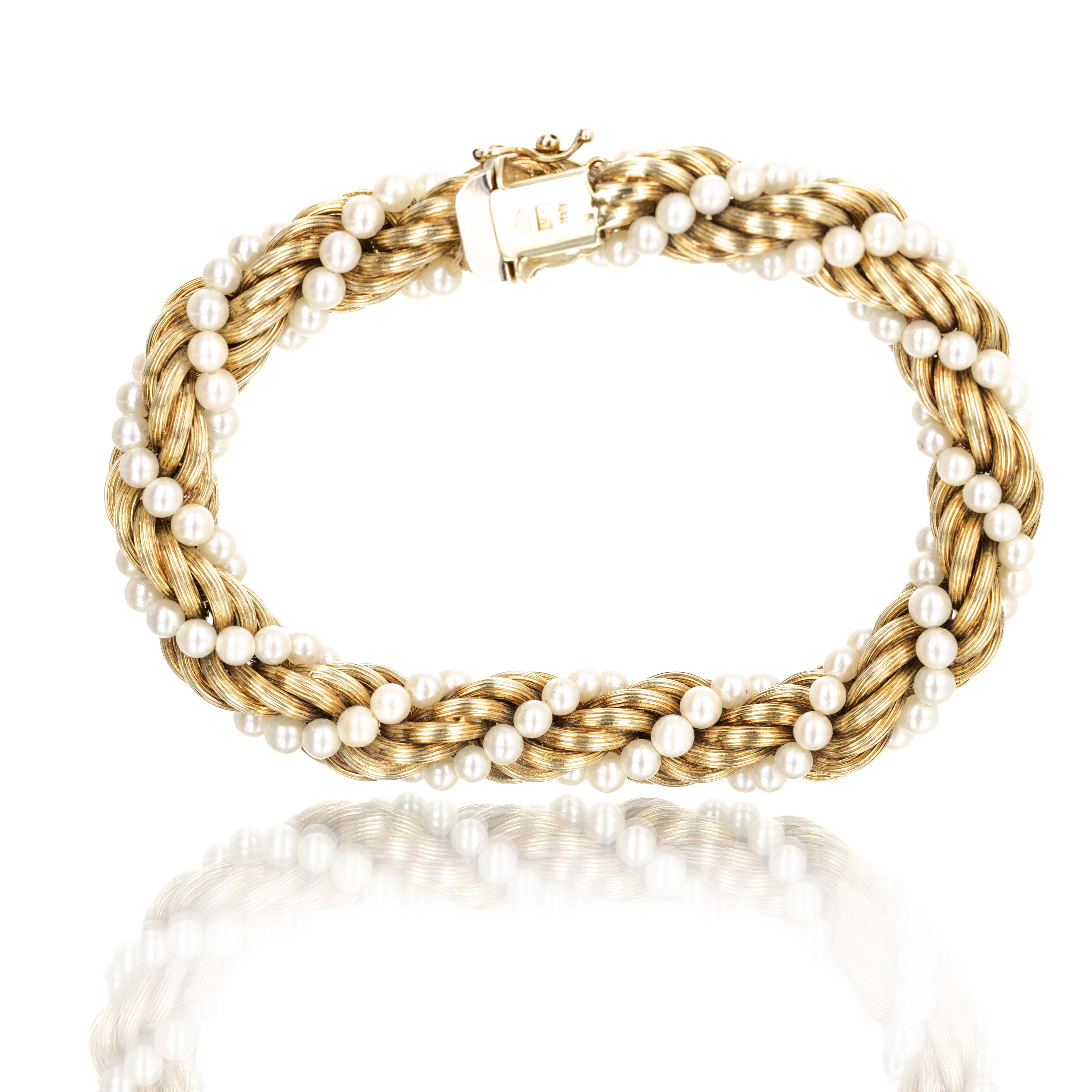 14K Yellow Gold Woven Pearl Bracelet - Queen May