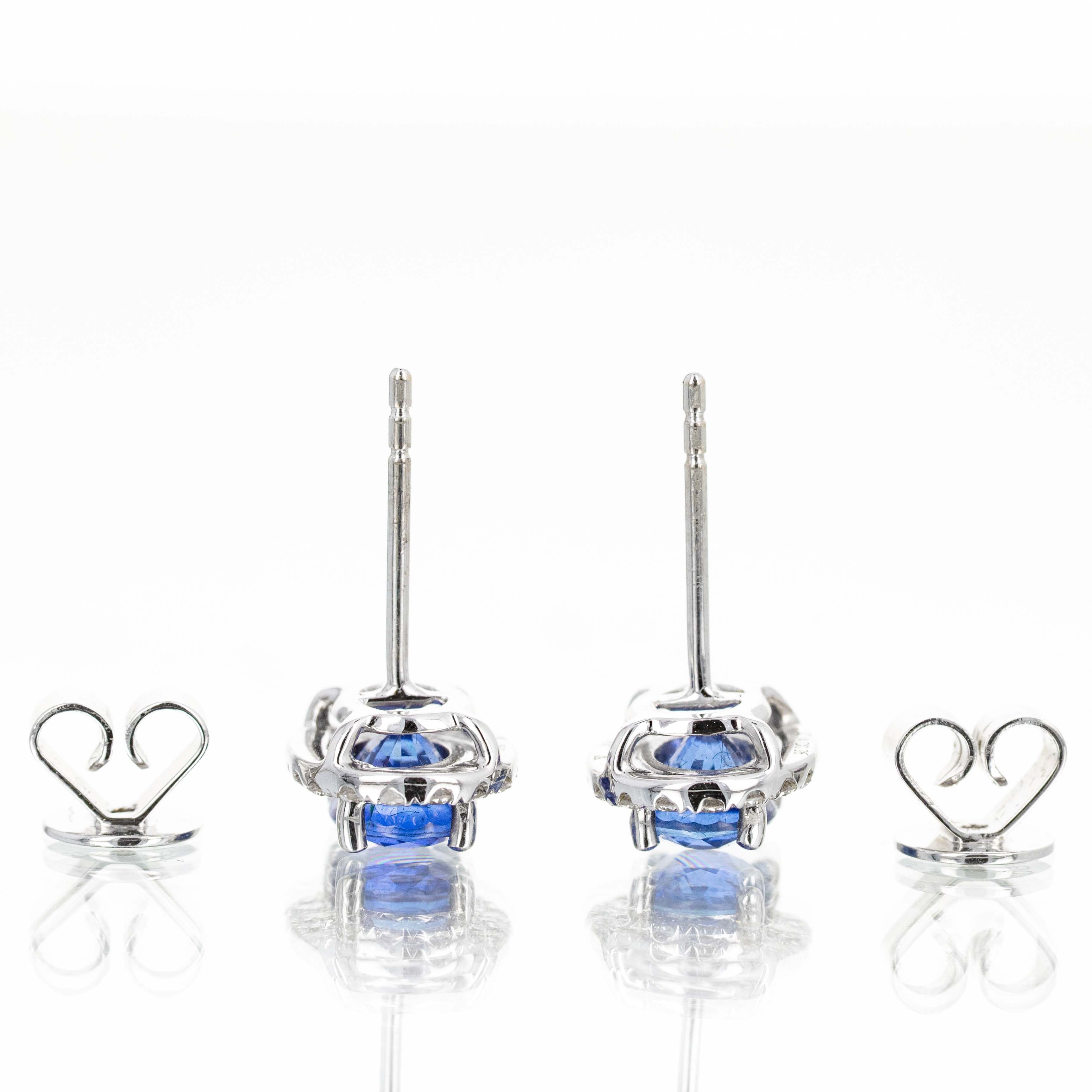 18K White Gold 2.14 Carat Oval Sapphire Diamond Halo Stud Earrings - Queen May