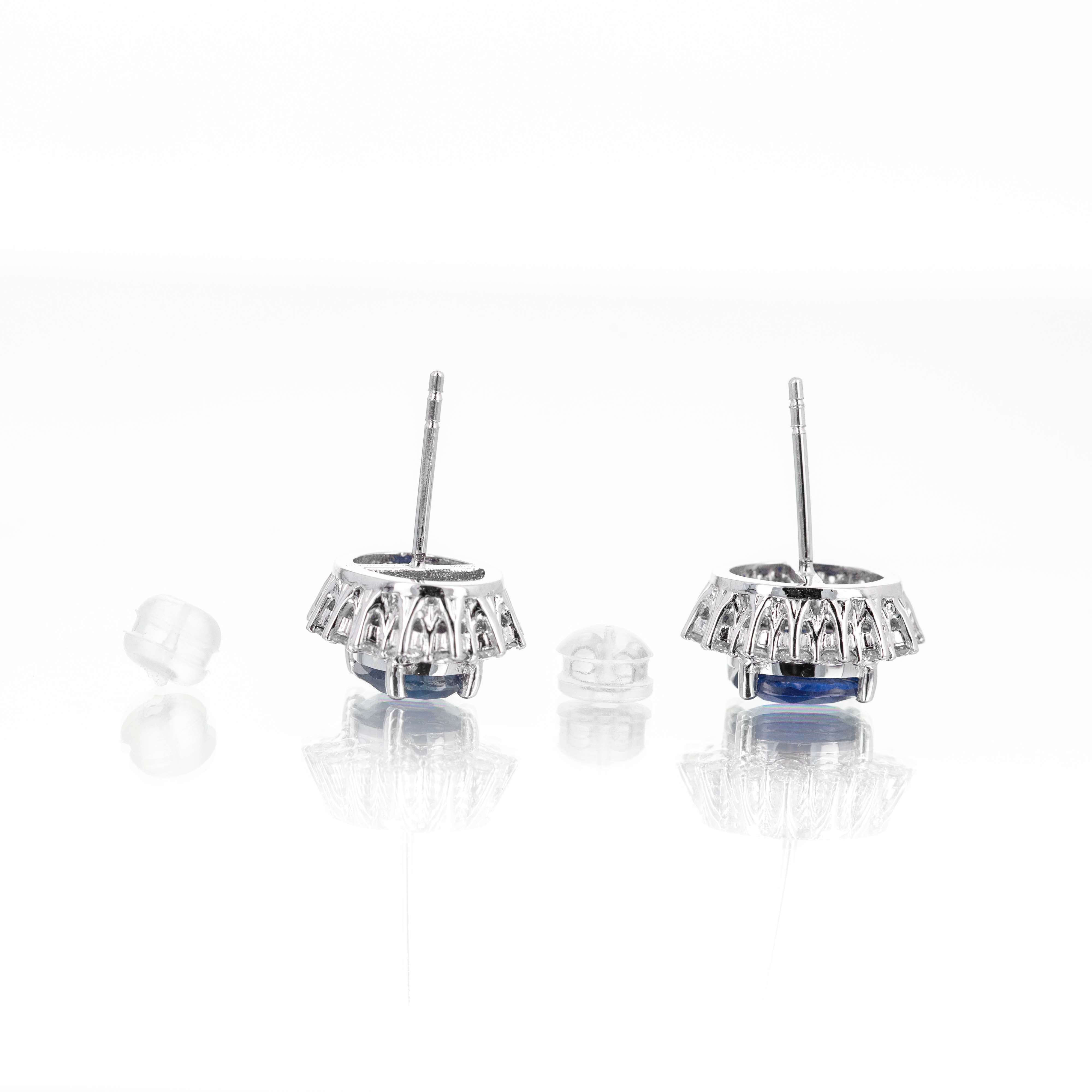 Platinum 3.90 Carat Oval Sapphire Diamond Halo Stud Earrings - Queen May