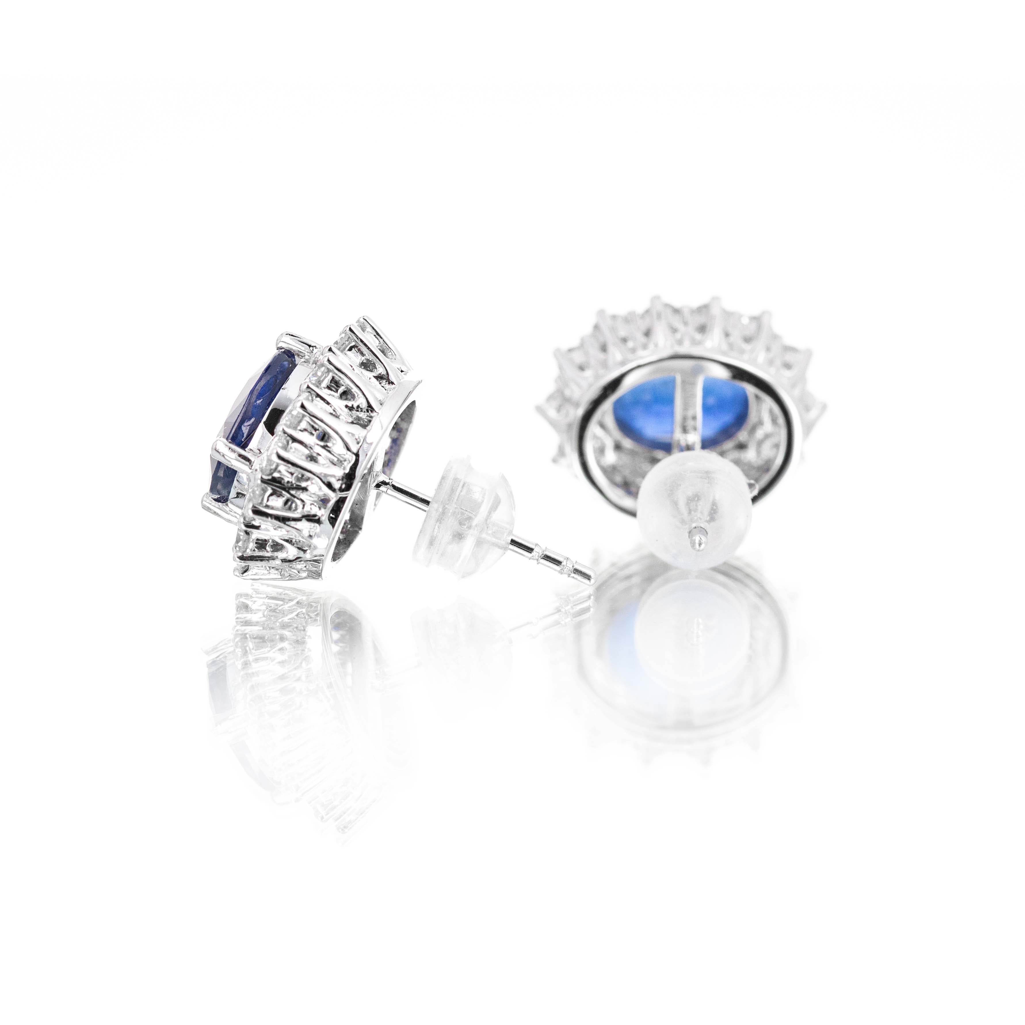 Platinum 3.90 Carat Oval Sapphire Diamond Halo Stud Earrings - Queen May