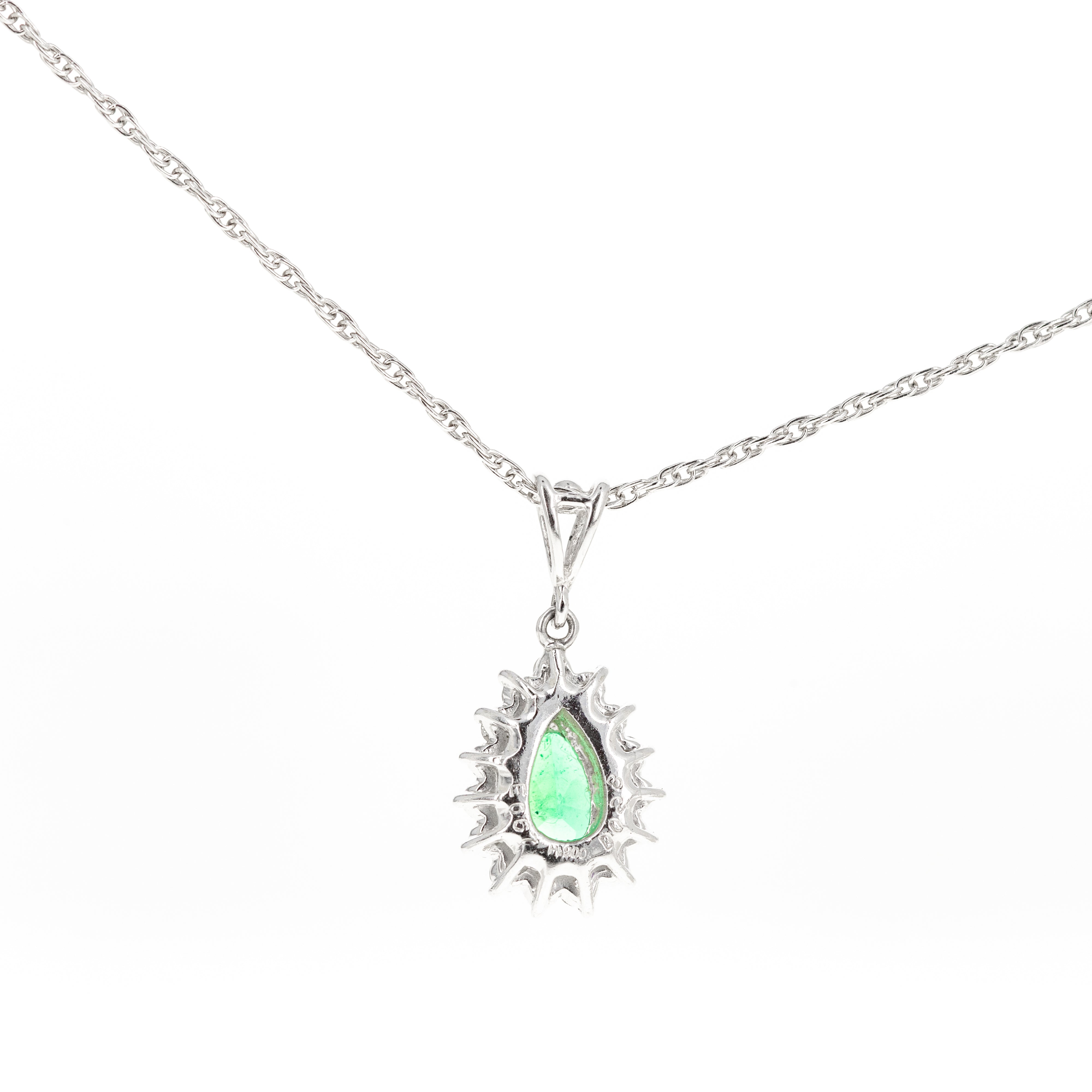 Platinum 0.67 Carat Pear Emerald Diamond Halo Pendant Necklace - Queen May