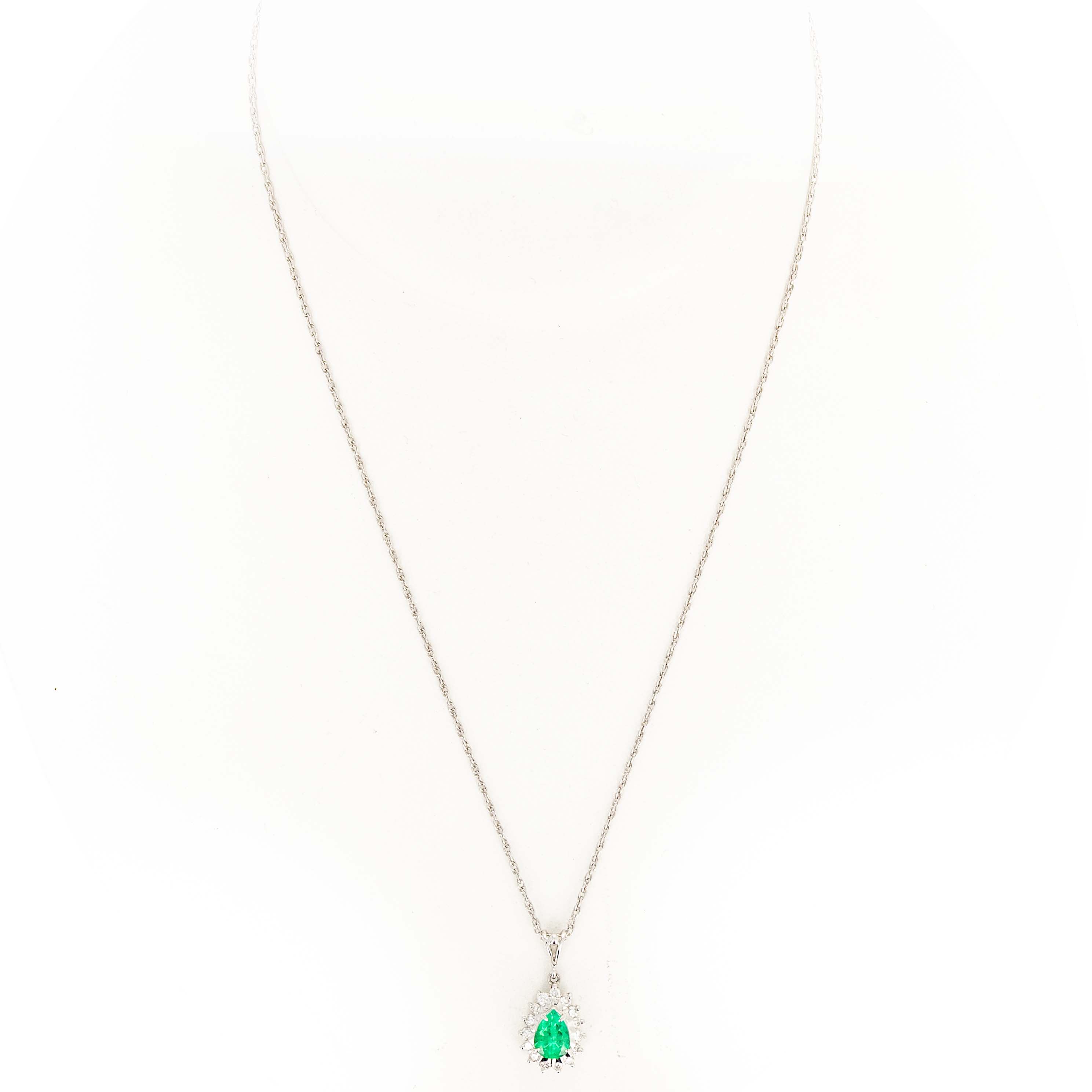 Platinum 0.67 Carat Pear Emerald Diamond Halo Pendant Necklace - Queen May
