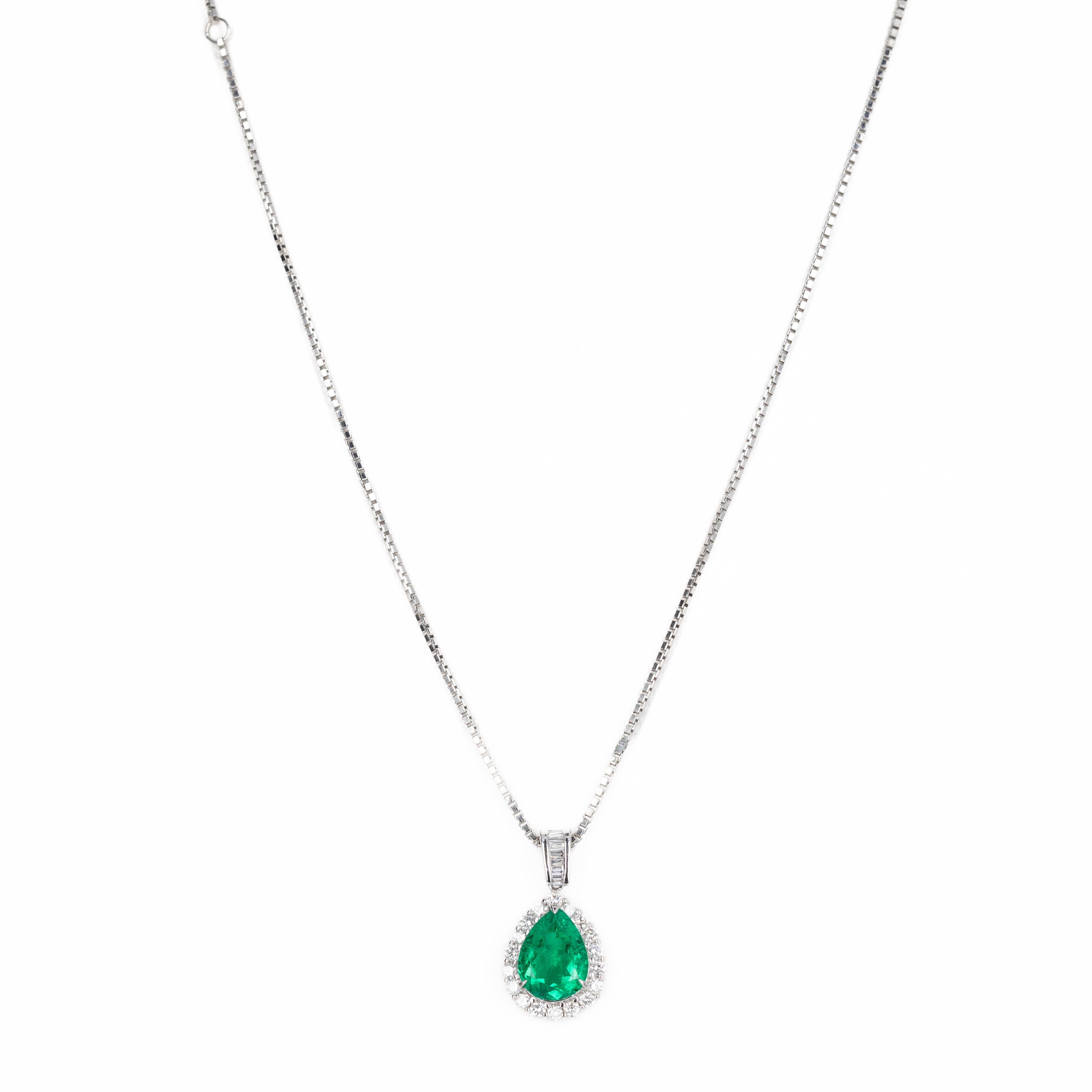 Platinum 2.05 Carat Pear Colombian Emerald Diamond Halo Pendant Necklace - Queen May