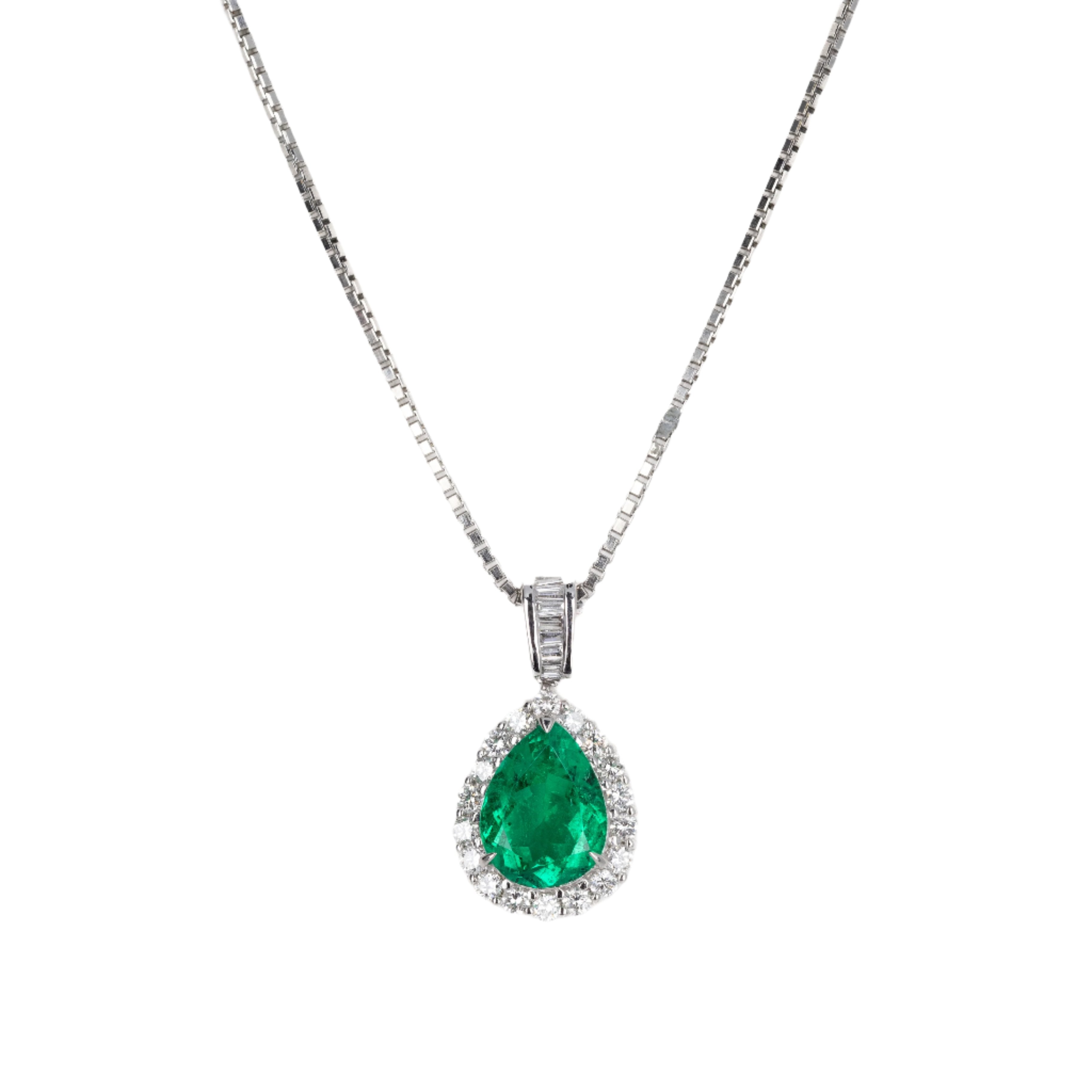 Platinum 2.05 Carat Pear Colombian Emerald Diamond Halo Pendant Necklace - Queen May