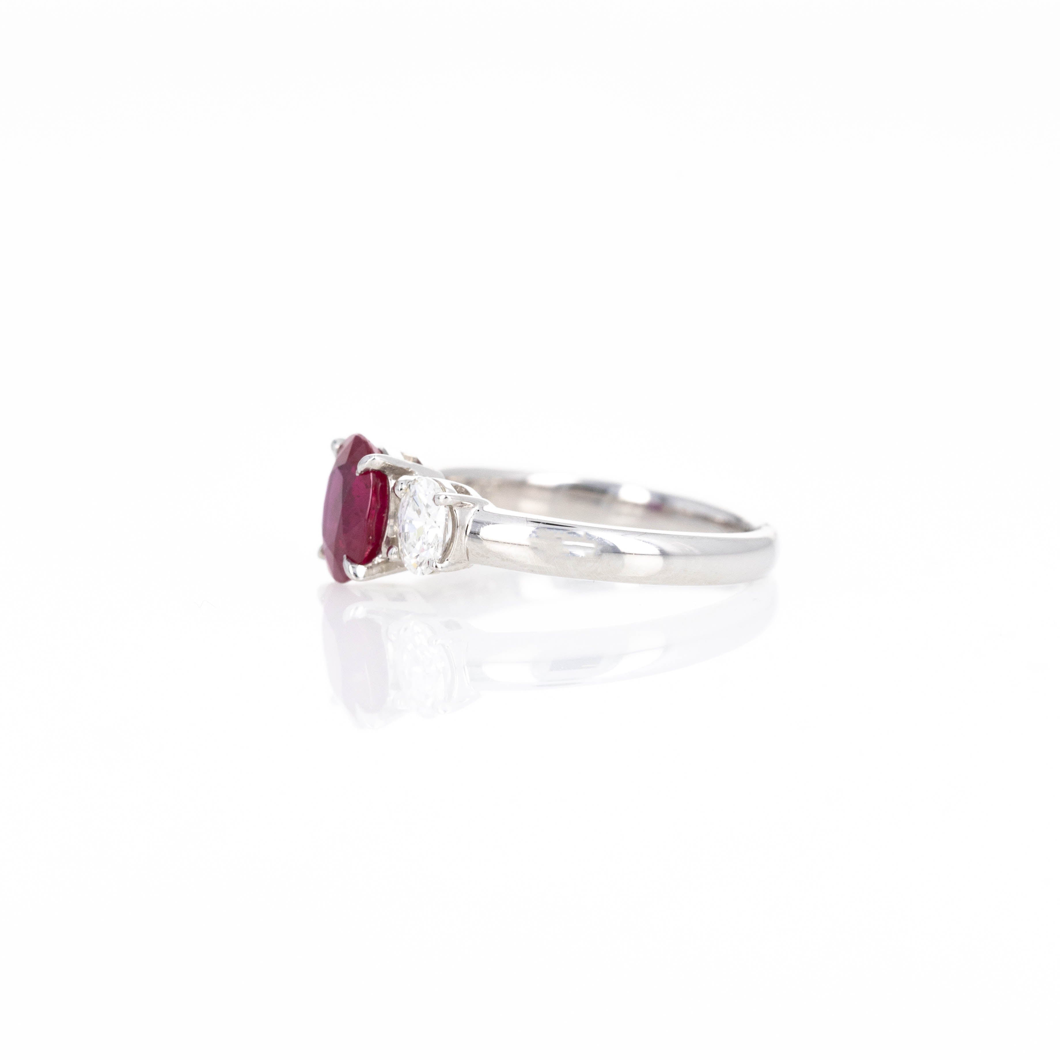 Platinum 1.26 Carat Oval Burma Ruby Diamond Three Stone Ring - Queen May