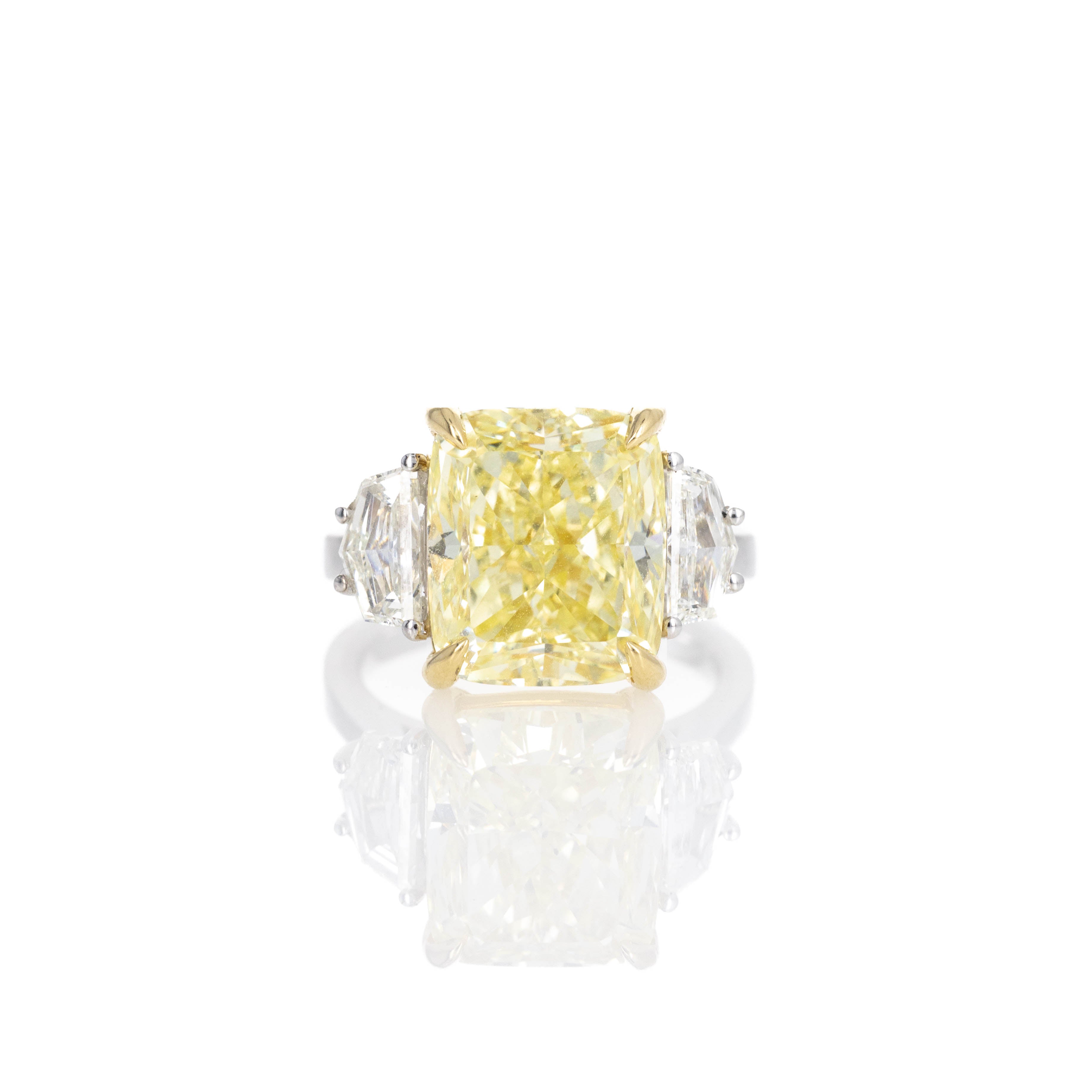 10.07 Carat Fancy Yellow Cushion Diamond Three Stone Ring - Queen May