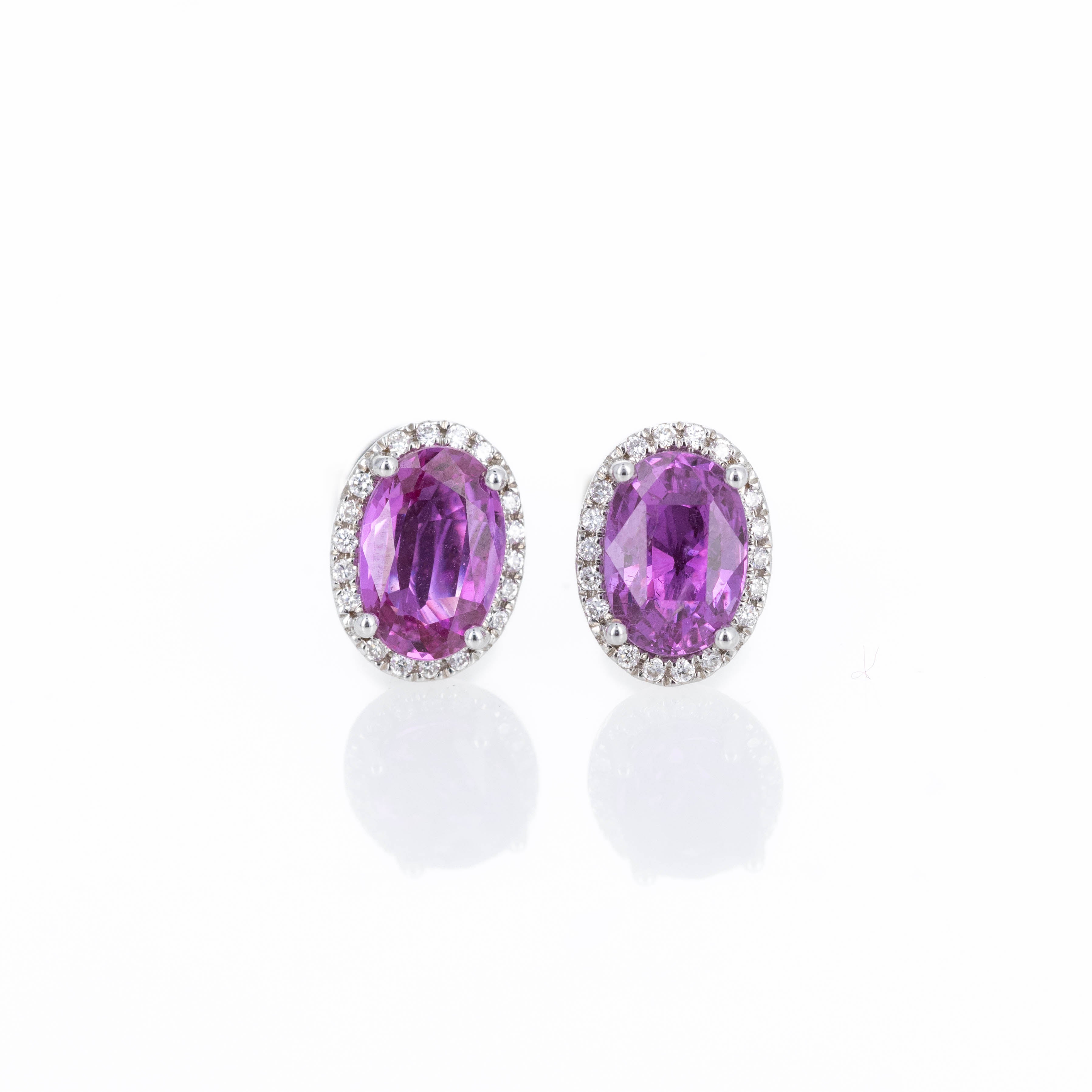 18K White Gold 2.64 Carat Pink Sapphire Diamond Halo Stud Earrings - Queen May