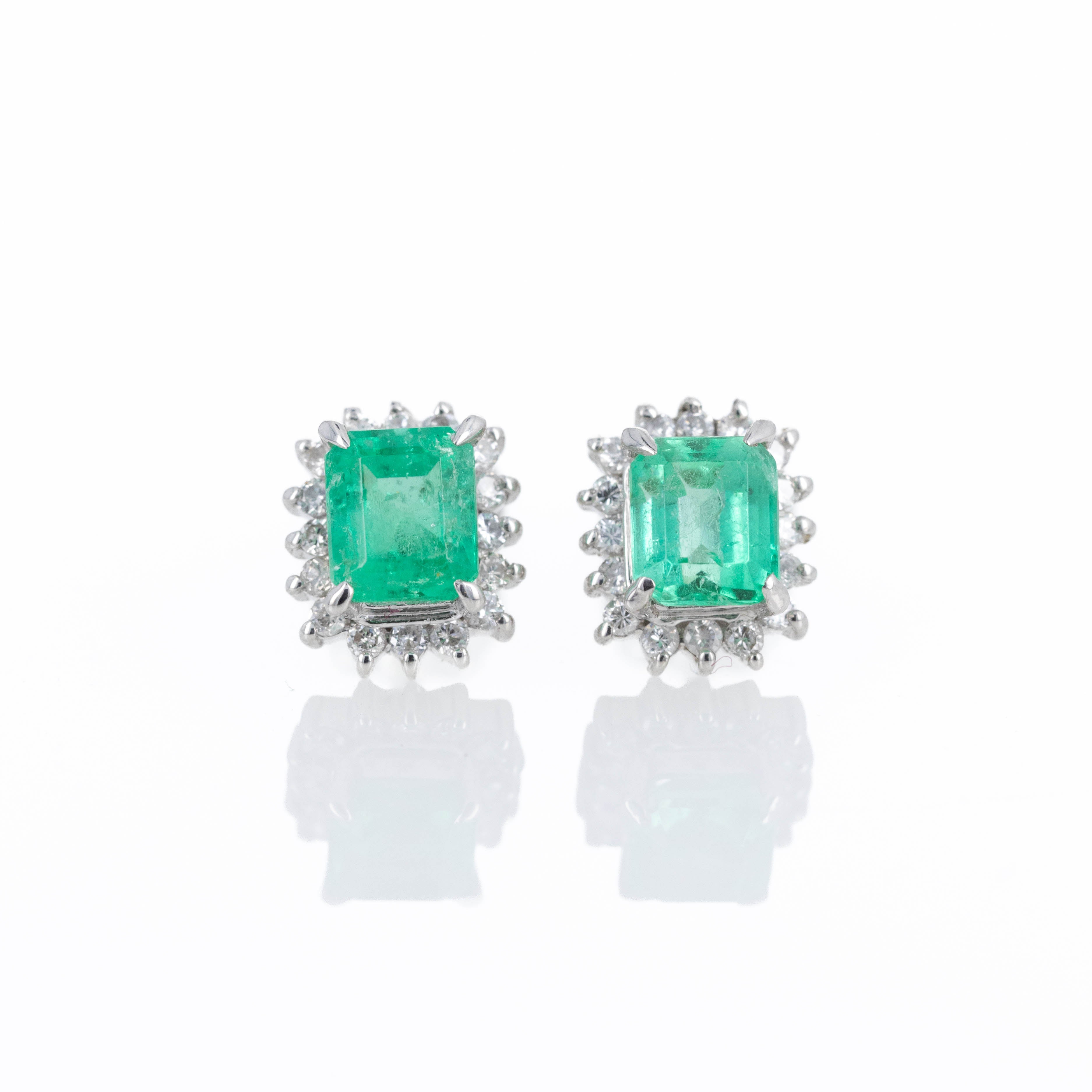 Platinum 1.30 Carat Emerald Diamond Halo Stud Earrings - Queen May
