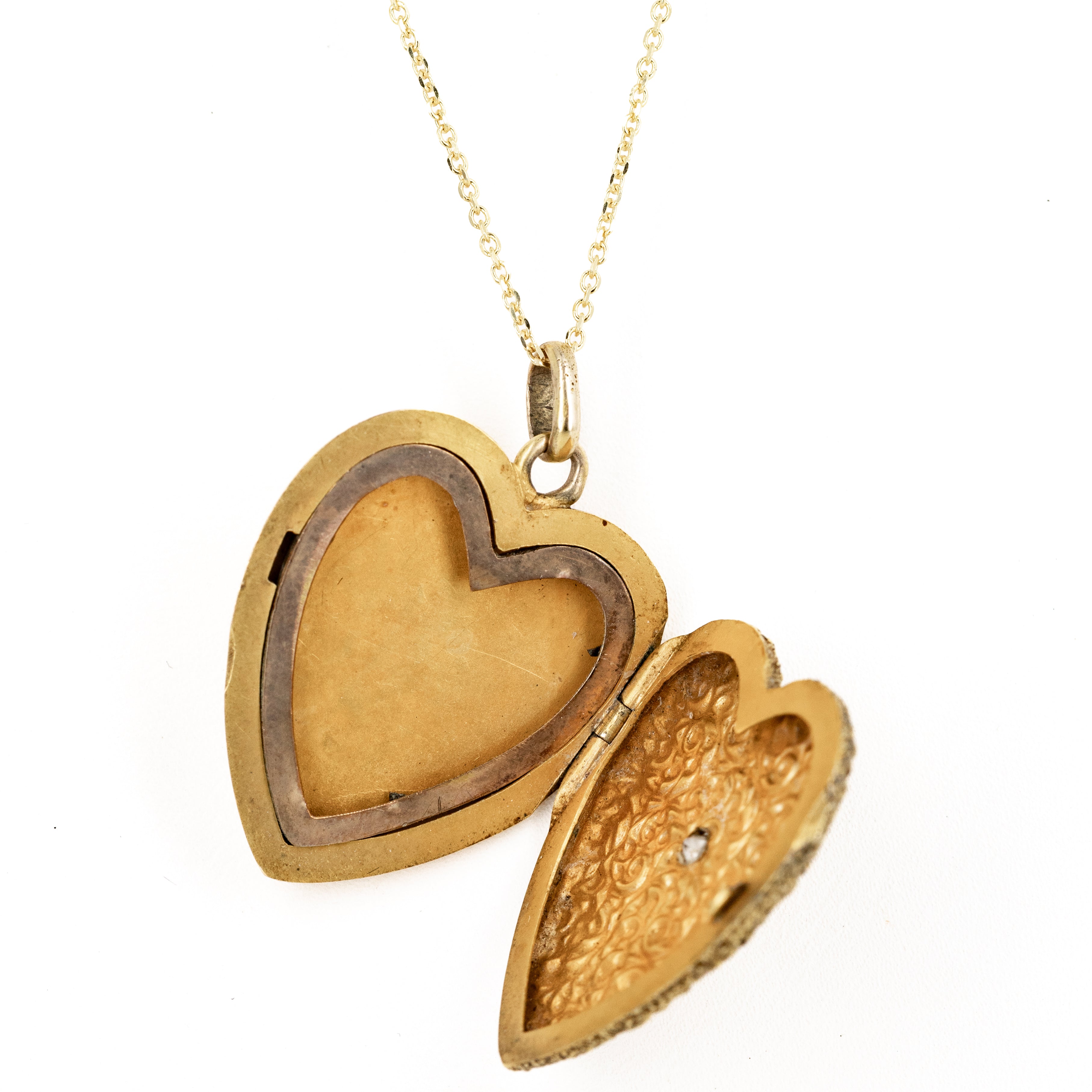 Victorian 14K Yellow Gold Old European Diamond Textured Heart Locket - Queen May