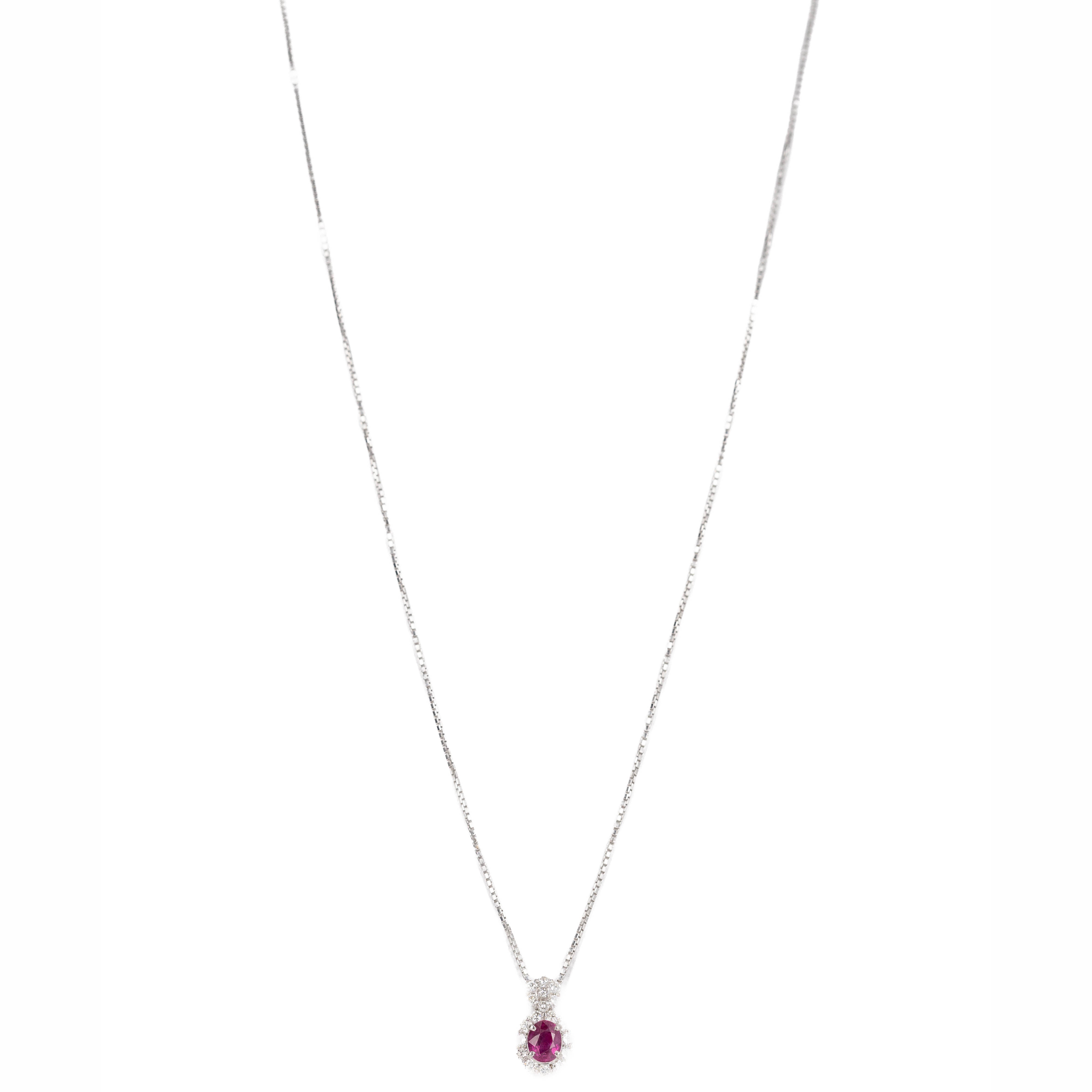 Platinum 0.94 Carat Oval Ruby Diamond Halo Pendant Necklace - Queen May