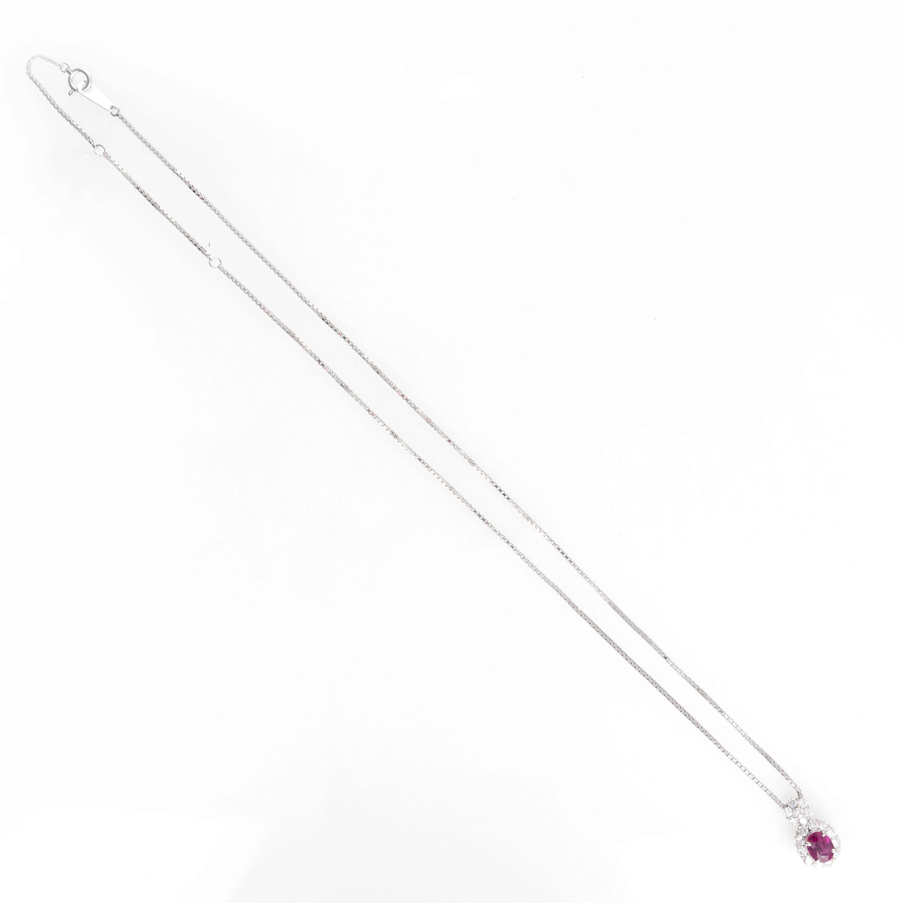 Platinum 0.94 Carat Oval Ruby Diamond Halo Pendant Necklace - Queen May