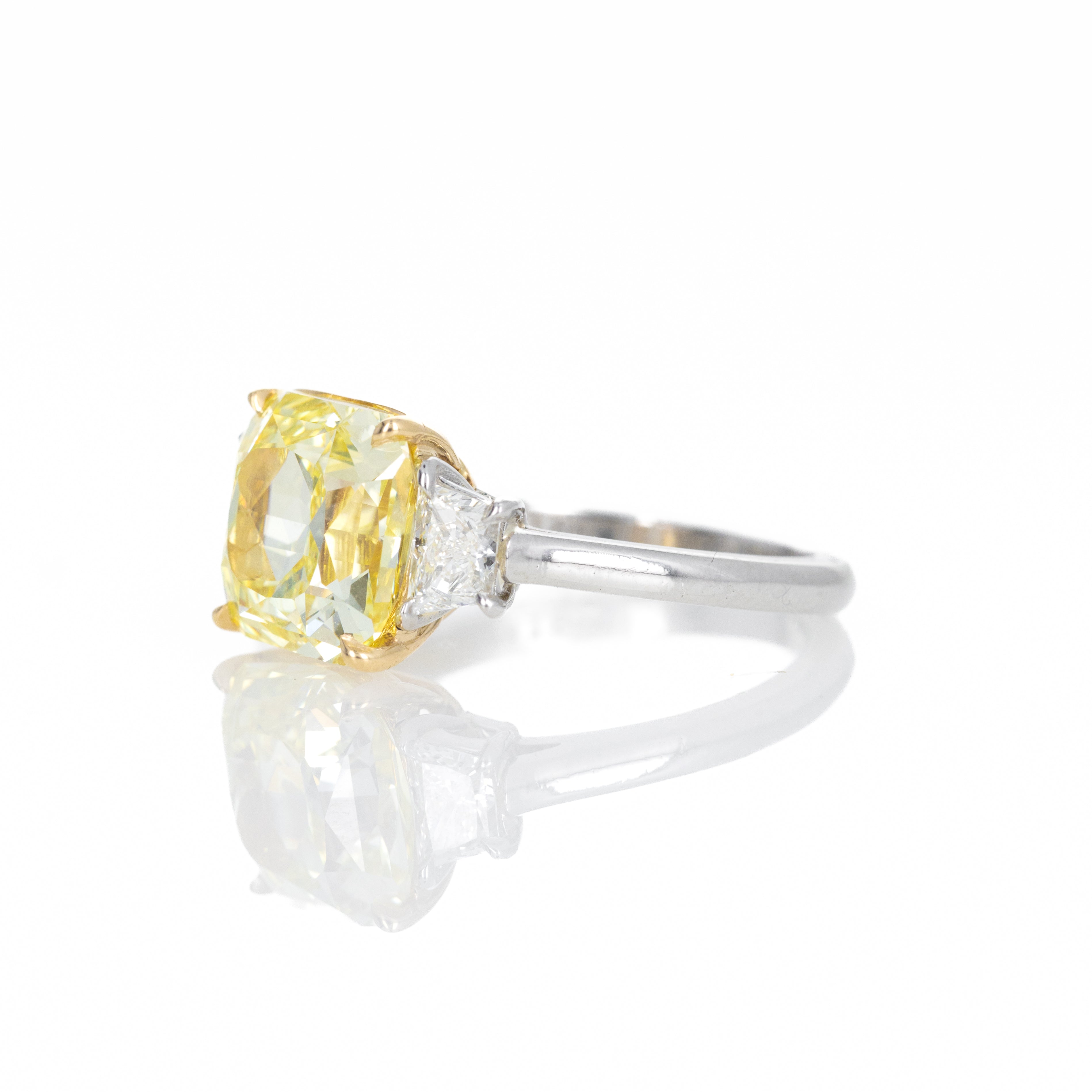 5.01 Carat Fancy Intense Yellow Radiant Diamond Three Stone Ring - Queen May