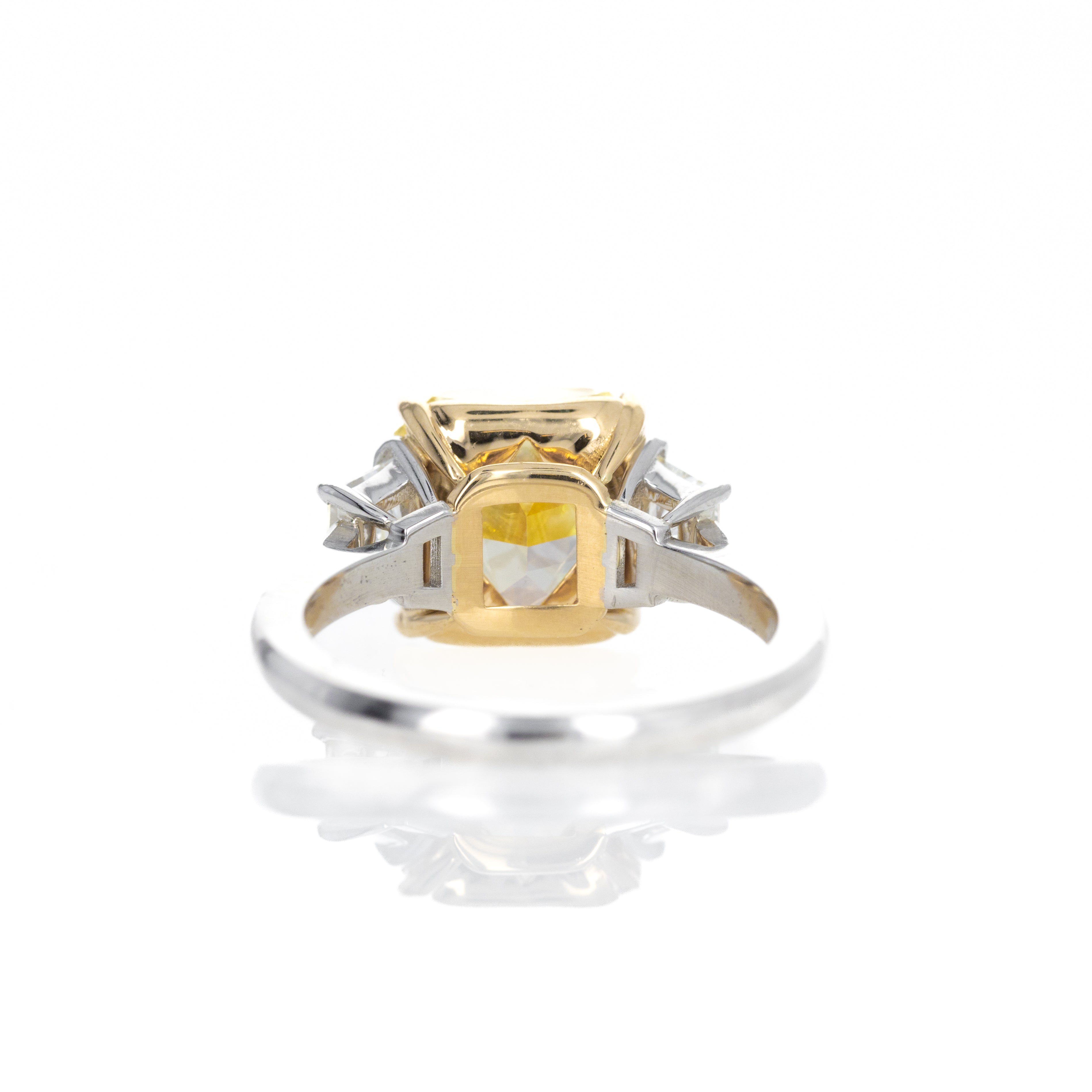 5.01 Carat Fancy Intense Yellow Radiant Diamond Three Stone Ring - Queen May