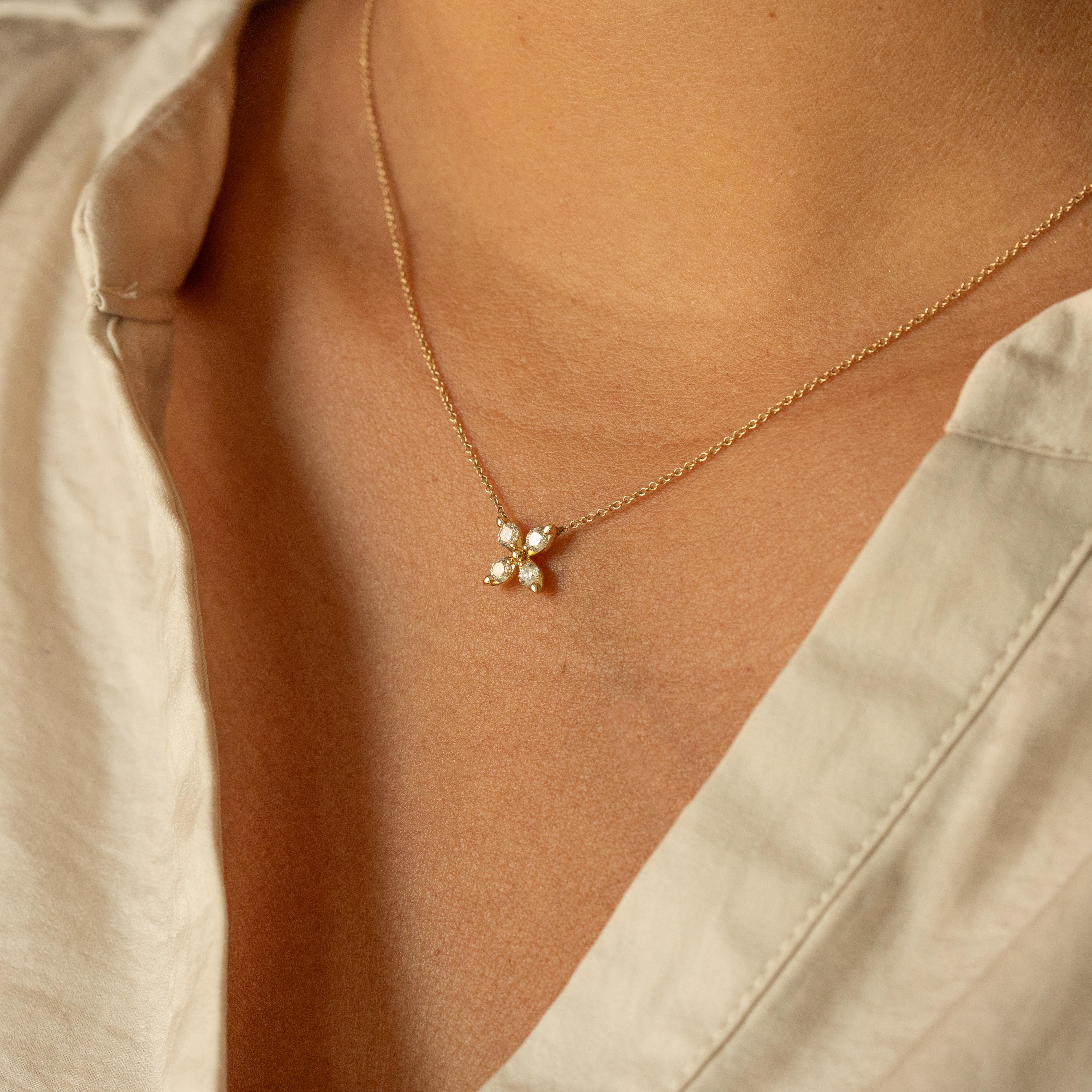 14K Gold 0.40 Carat Total Weight Diamond Clover Flower Pendant Necklace - Queen May