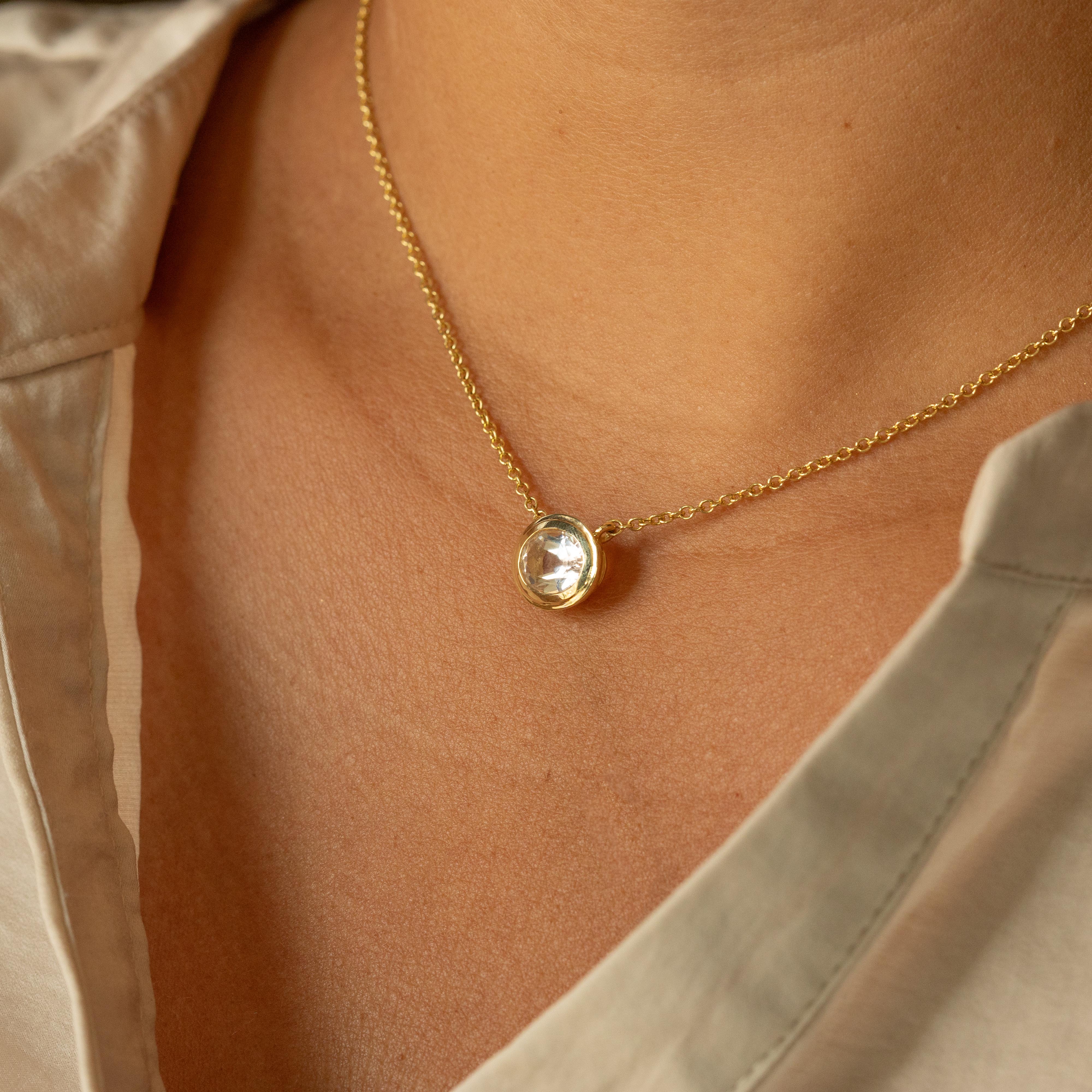 14K Yellow Gold Oval White Topaz Bezel Pendant Necklace - Queen May
