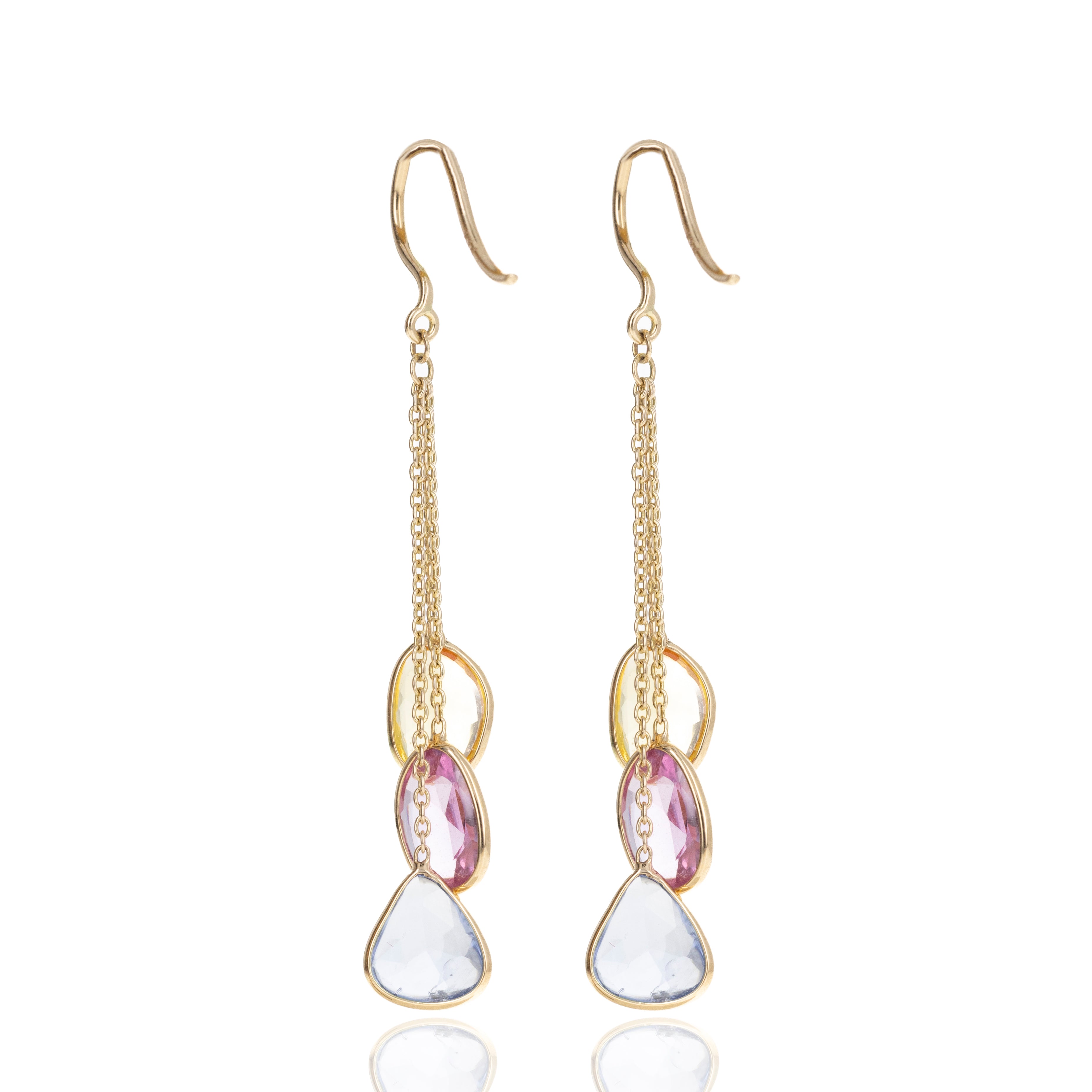 14K Yellow Gold 4.48 Carat Multi-Color Sapphire Bezel Chain Drop Earrings - Queen May