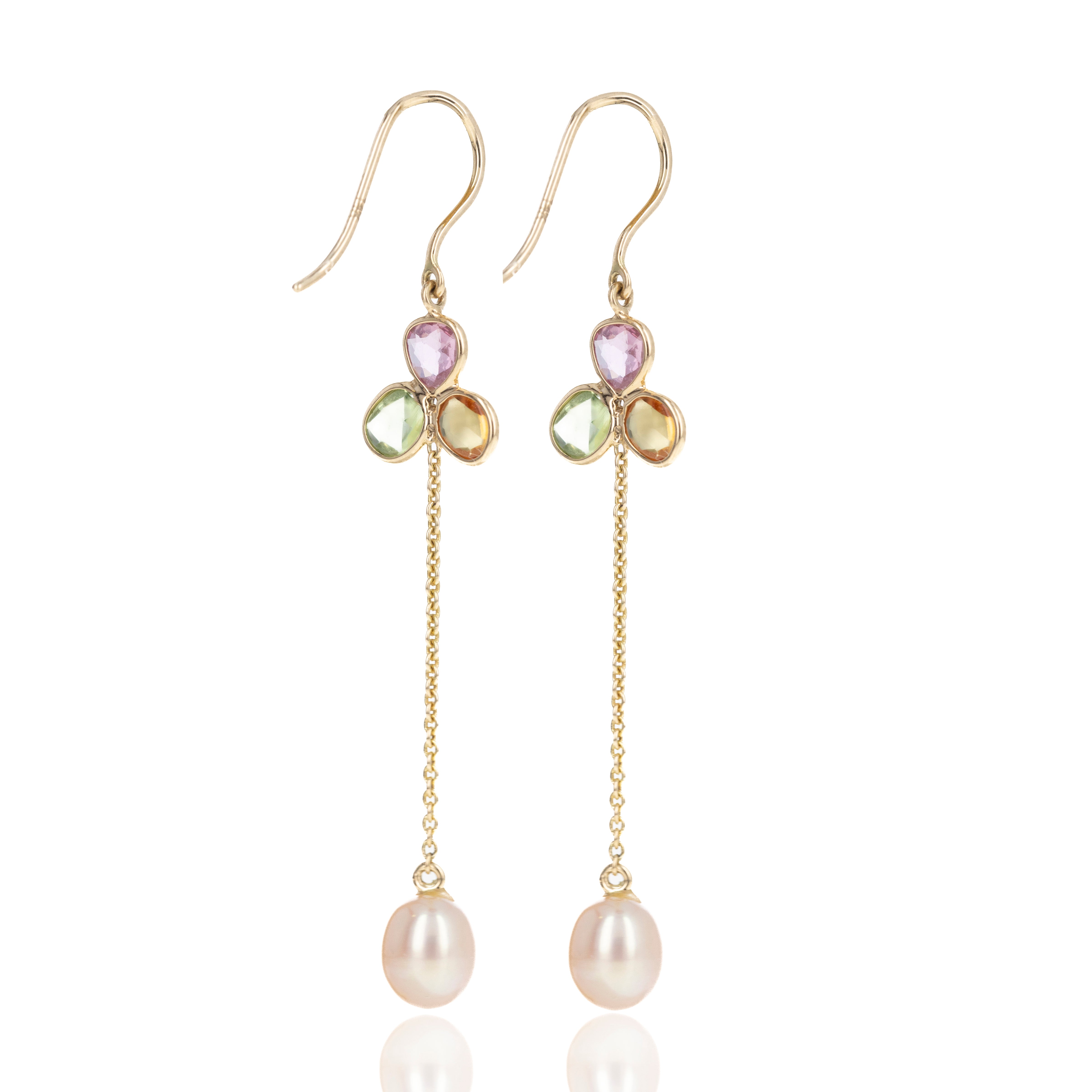 14K Yellow Gold 1.86 Carat Multi-Color Sapphire and Pearl Chain Earrings - Queen May