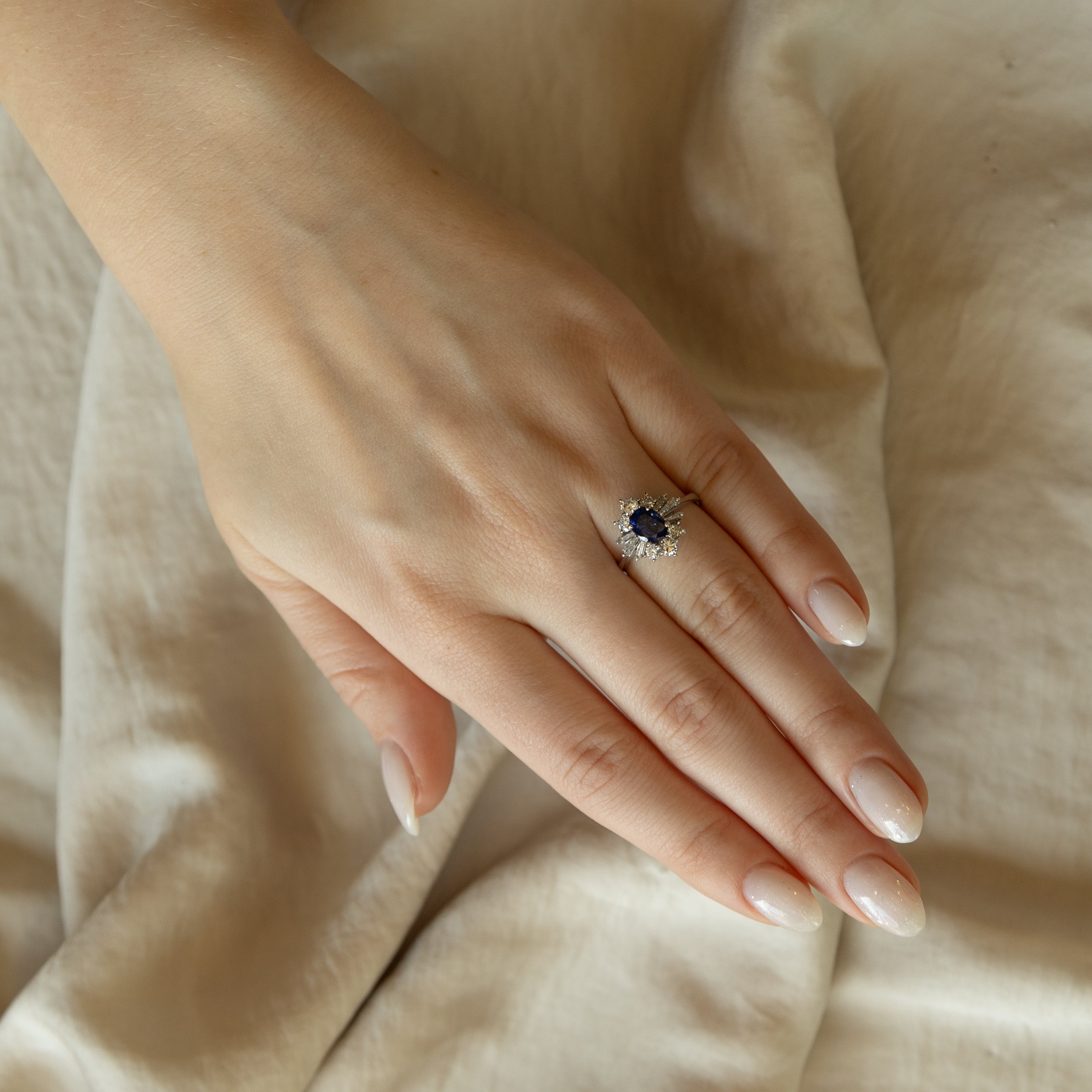 1.34 Carat Oval Natural Ceylon Sapphire Diamond Halo Ballerina Fan Ring - Queen May