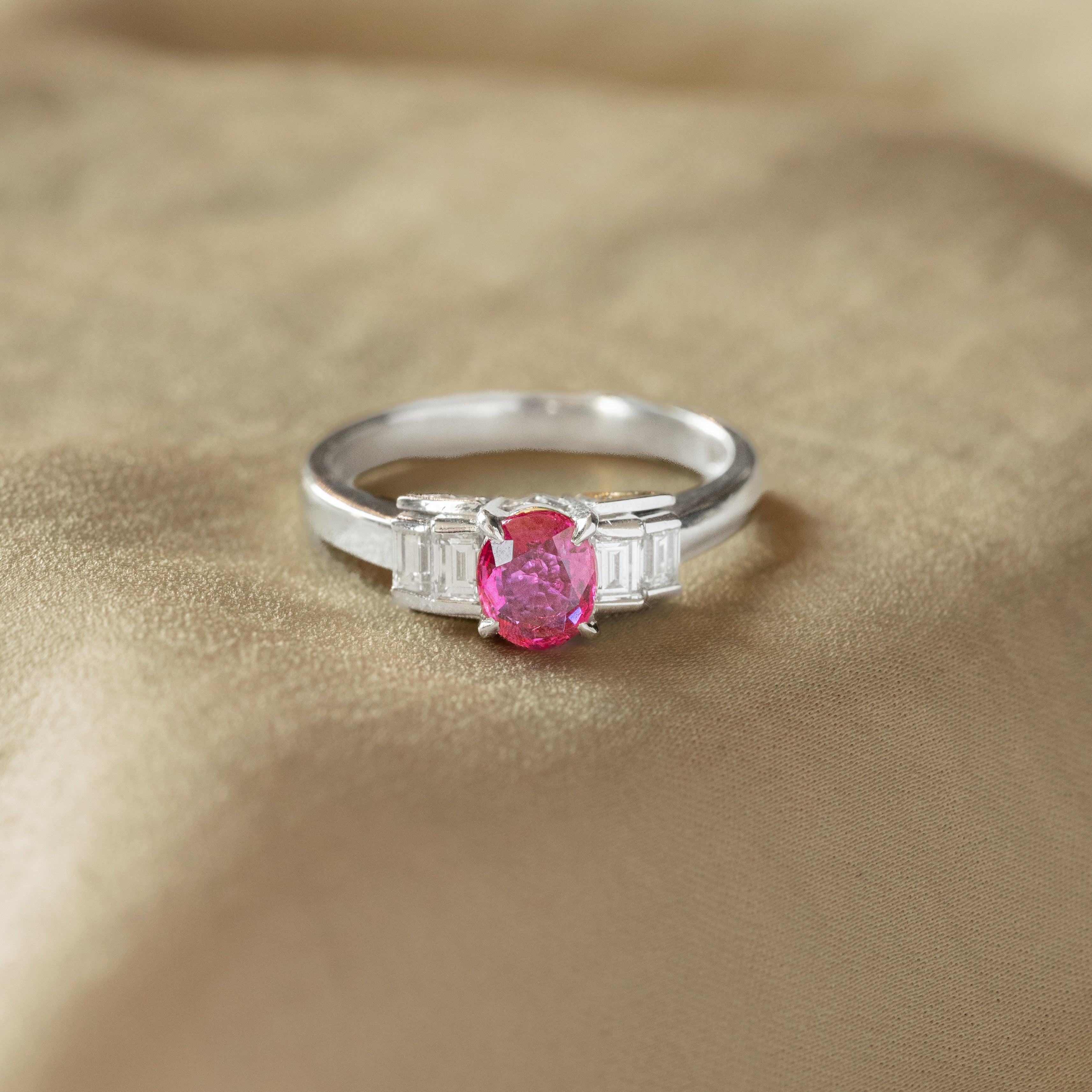 0.69 Carat Oval Natural Ruby Diamond Baguette Ring - Queen May