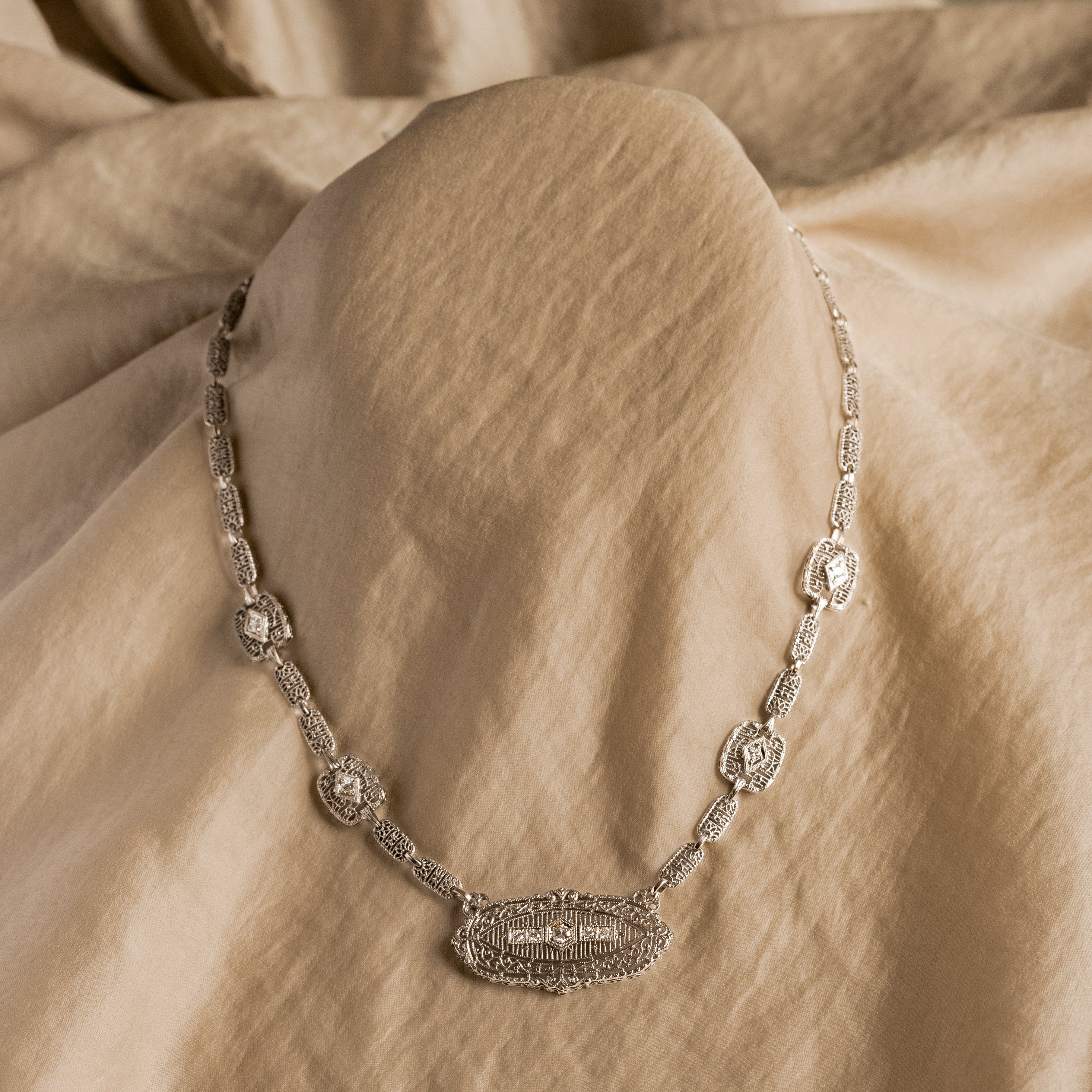 Art Deco 14K Gold Old European Diamond Filigree Necklace - Queen May