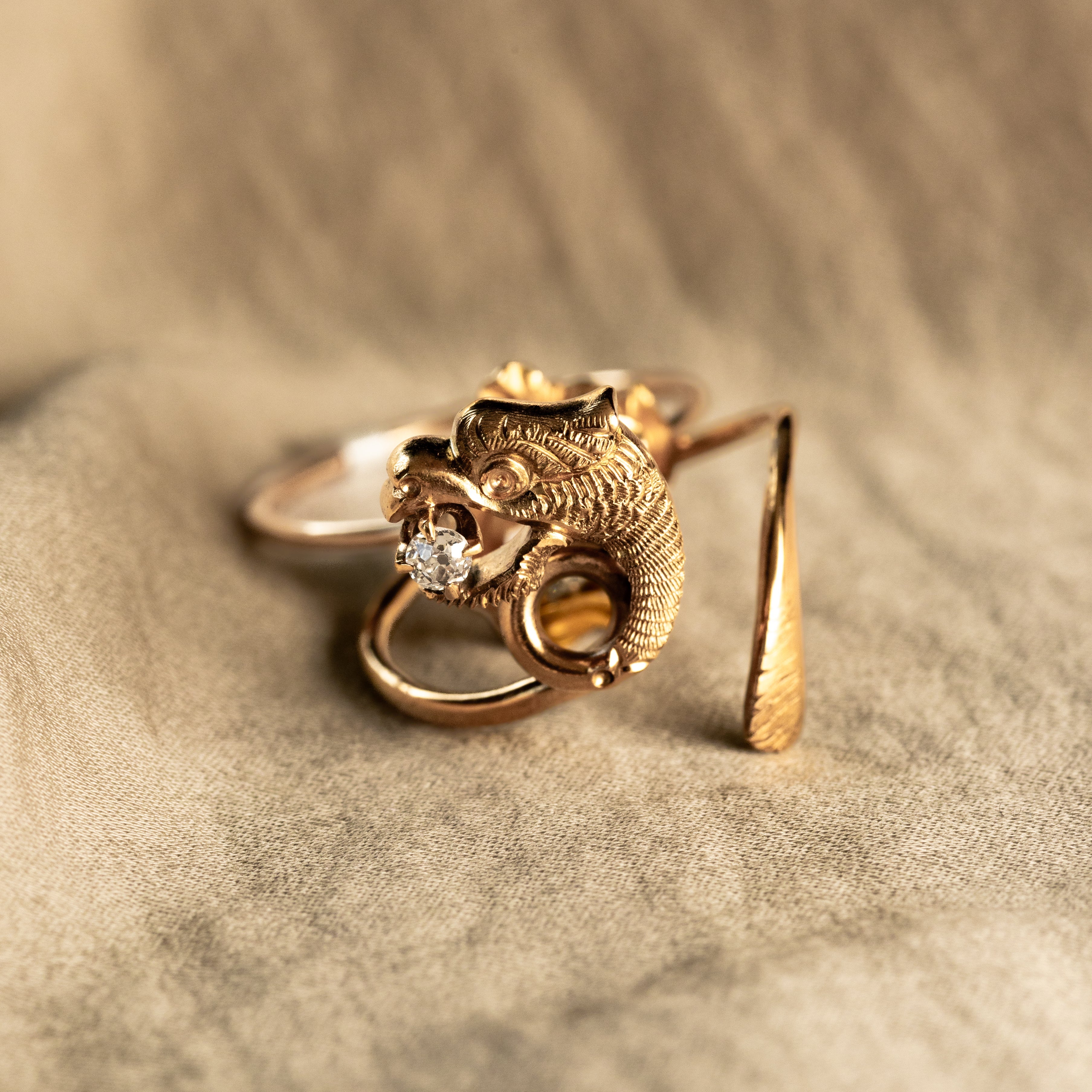 Victorian 14K Gold Diamond Griffin Stick Pin Conversion Ring - Queen May