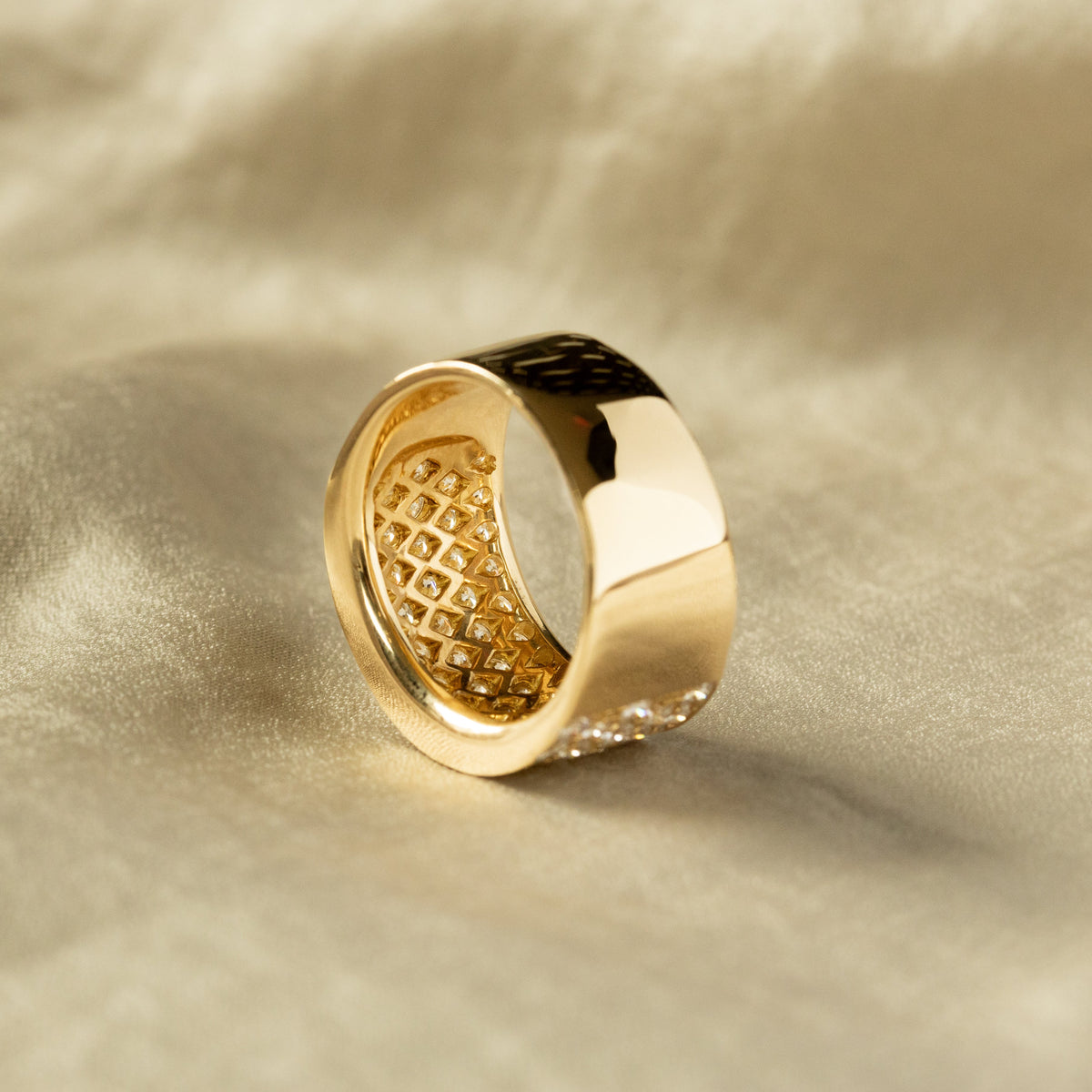 18K Yellow Gold 2.85 Carat Diamond Pave Wide Band - Queen May