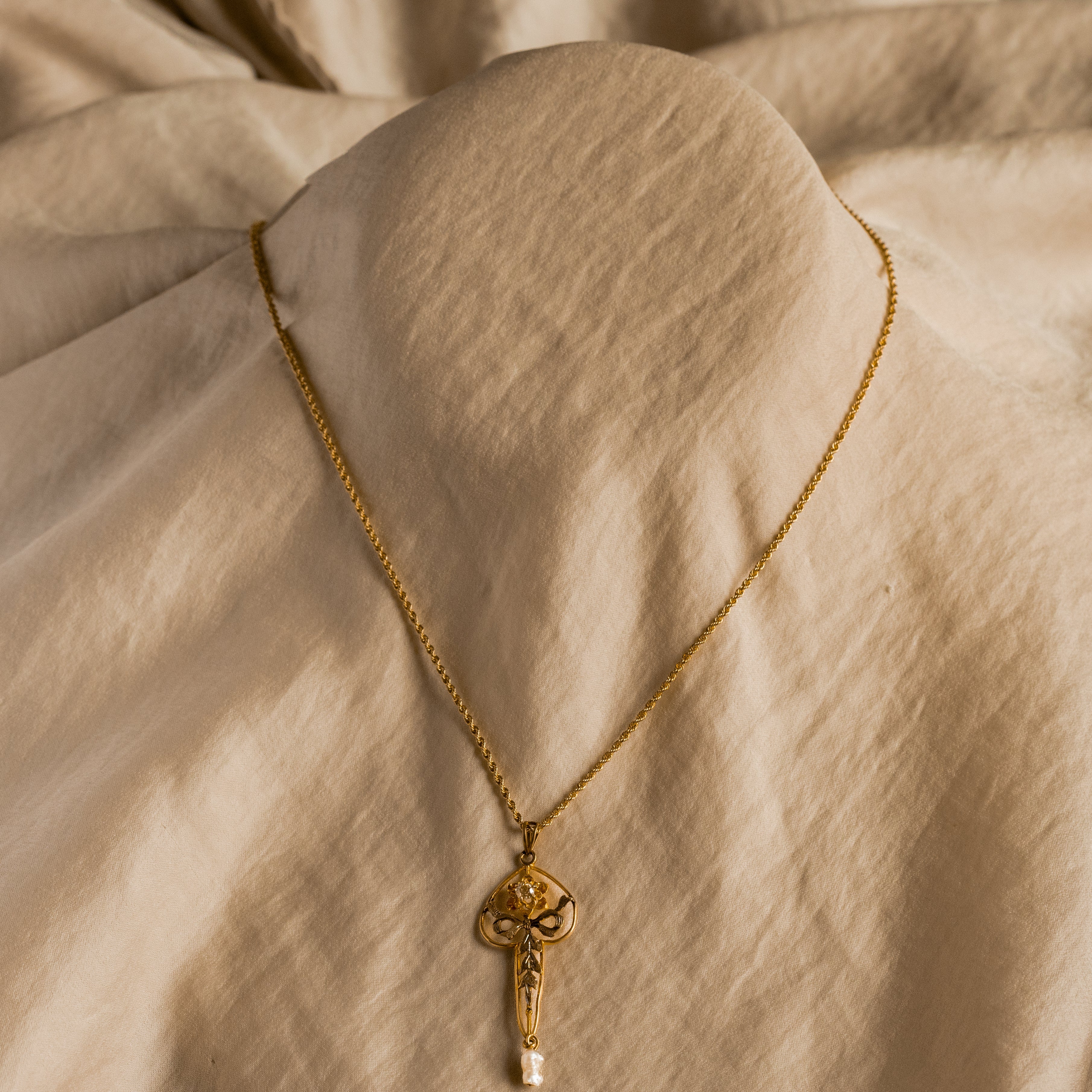Edwardian Old Mine Diamond Pearl Pendant Necklace - Queen May