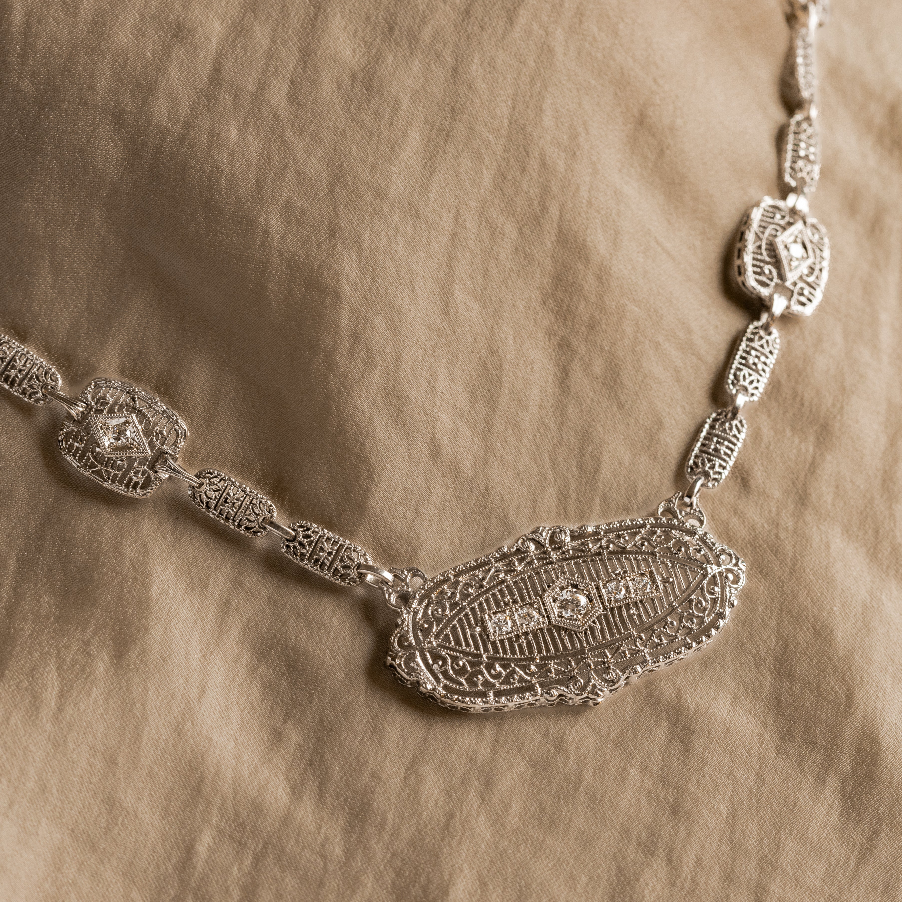 Art Deco 14K Gold Old European Diamond Filigree Necklace - Queen May