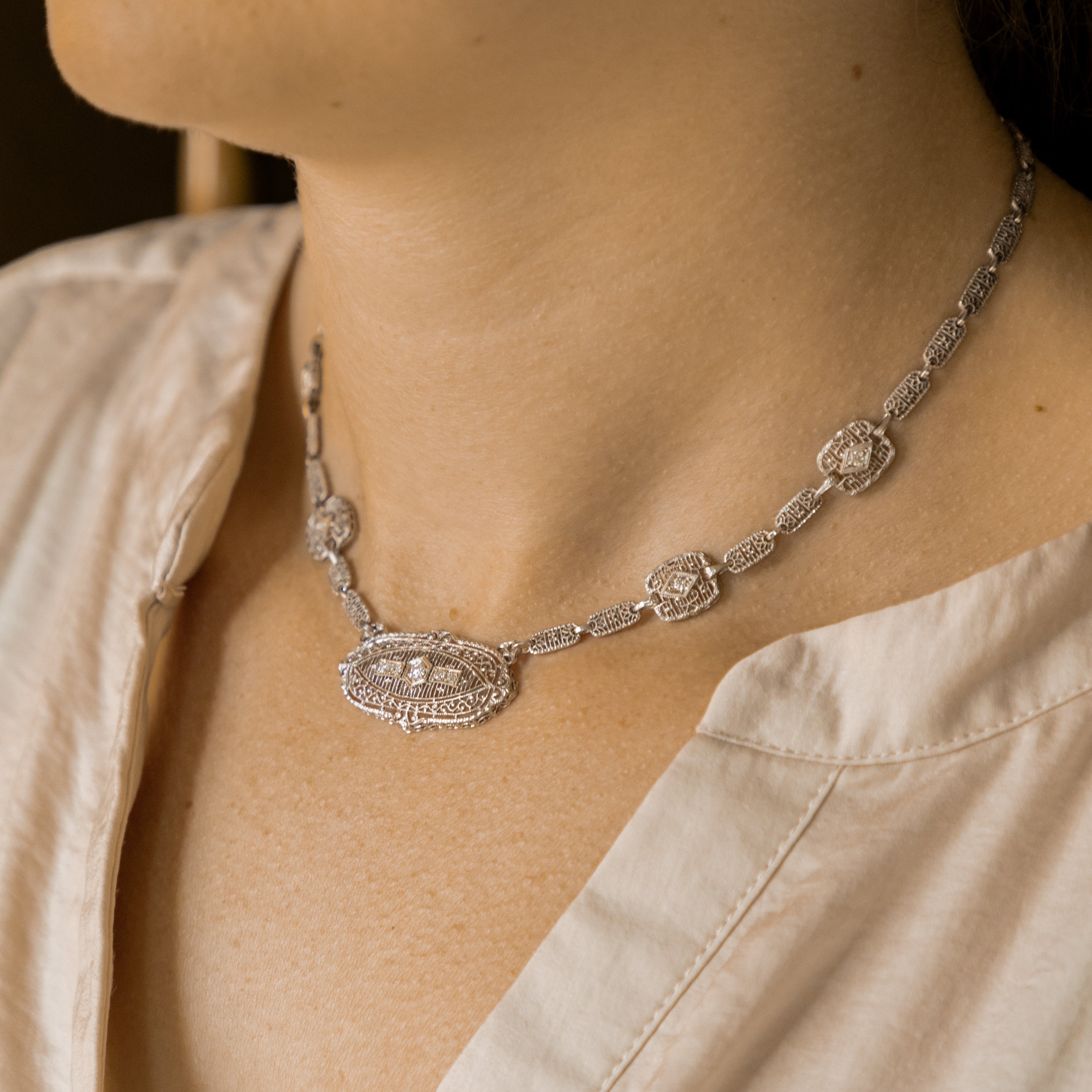 Art Deco 14K Gold Old European Diamond Filigree Necklace - Queen May