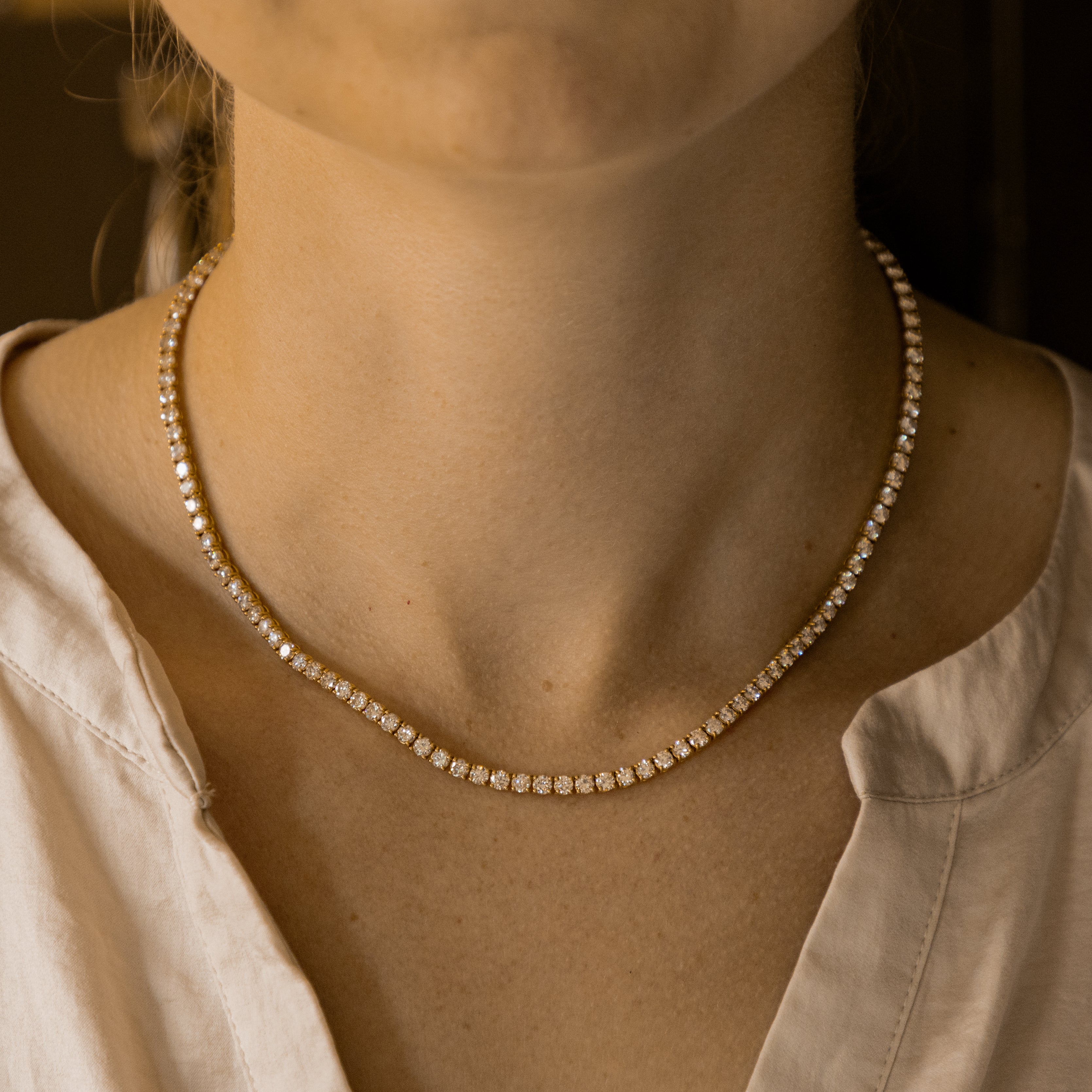 14K Gold 14.43 Carat Round Diamond Tennis Necklace - Queen May
