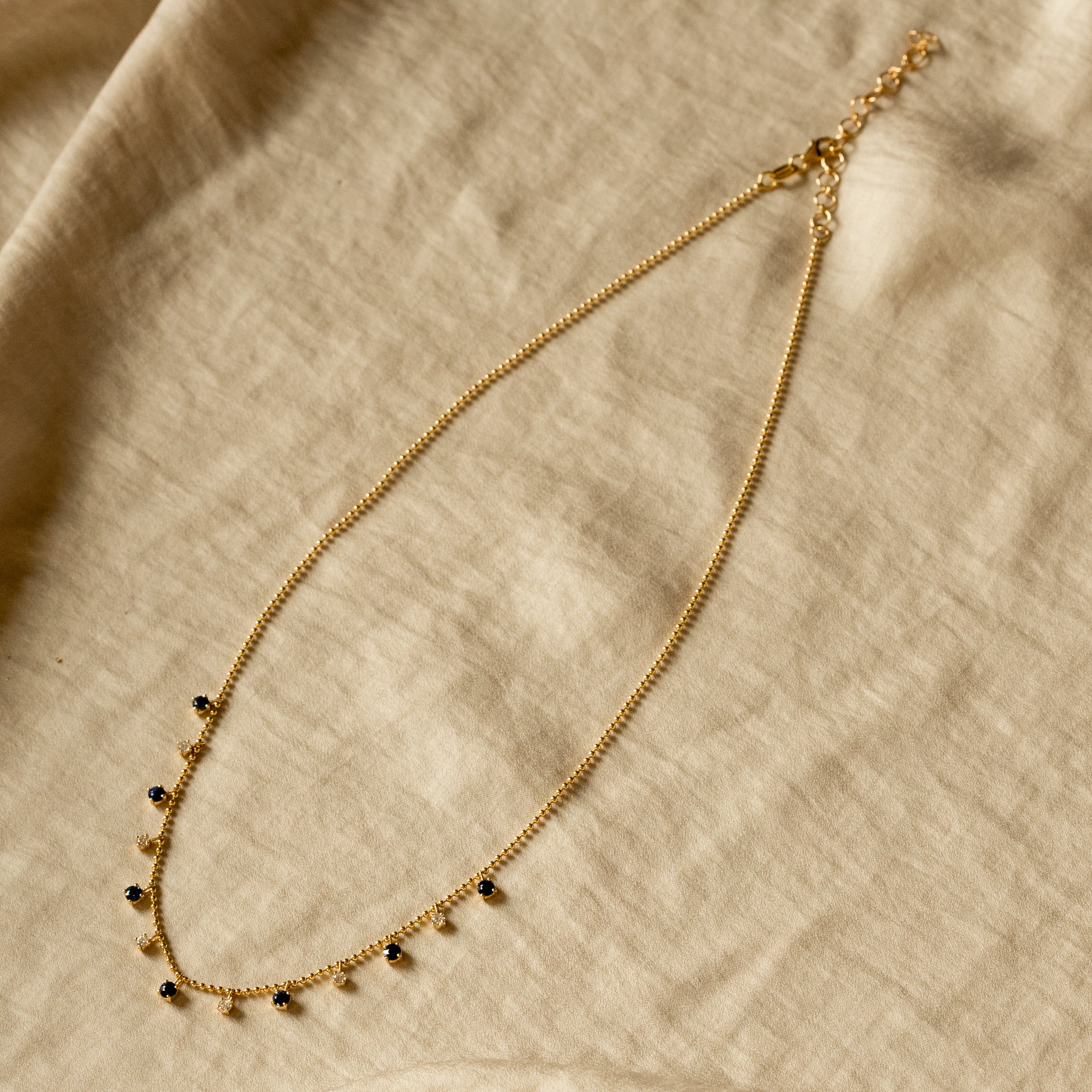 14K Gold Blue Sapphire Diamond Bead Necklace - Queen May
