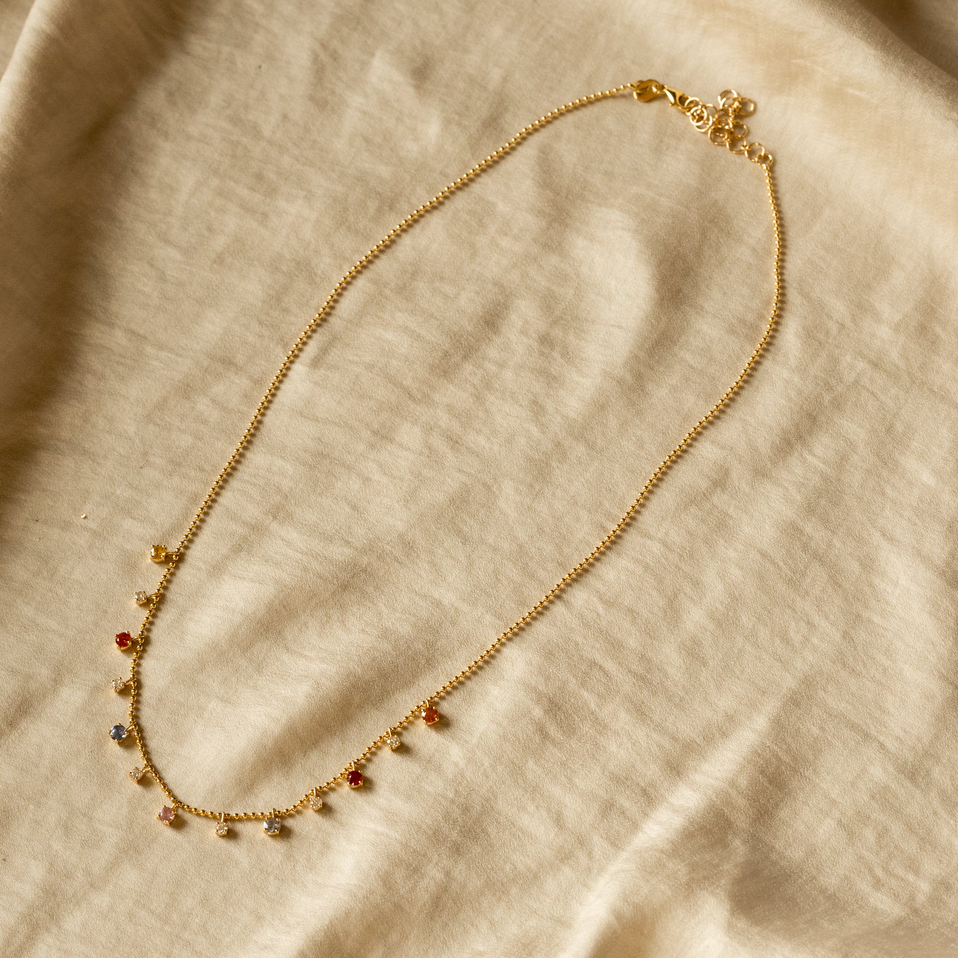 14K Gold Multicolor Sapphire Diamond Bead Necklace - Queen May