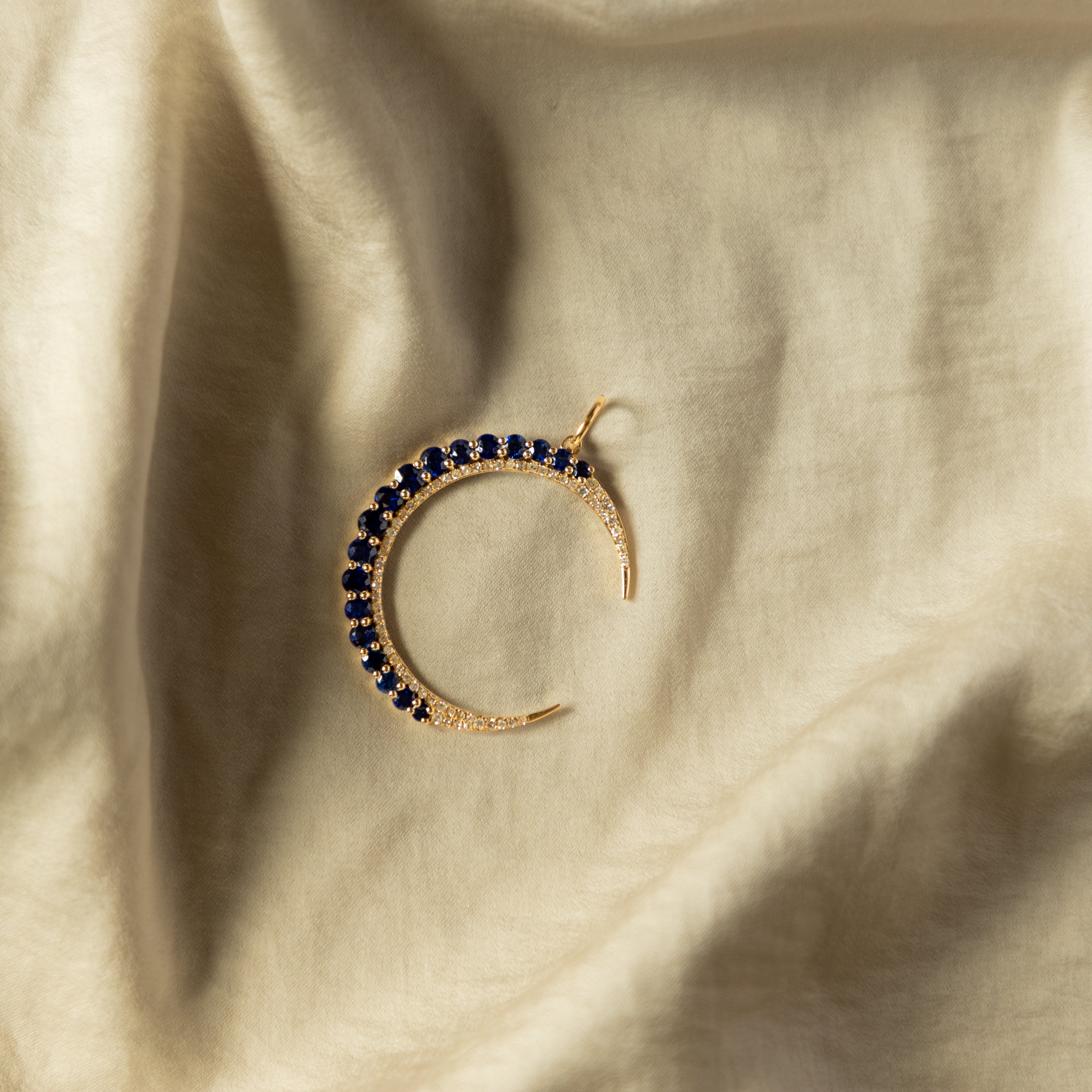 Vintage Inspired Crescent Moon Pendant Charm Blue Sapphire - Queen May