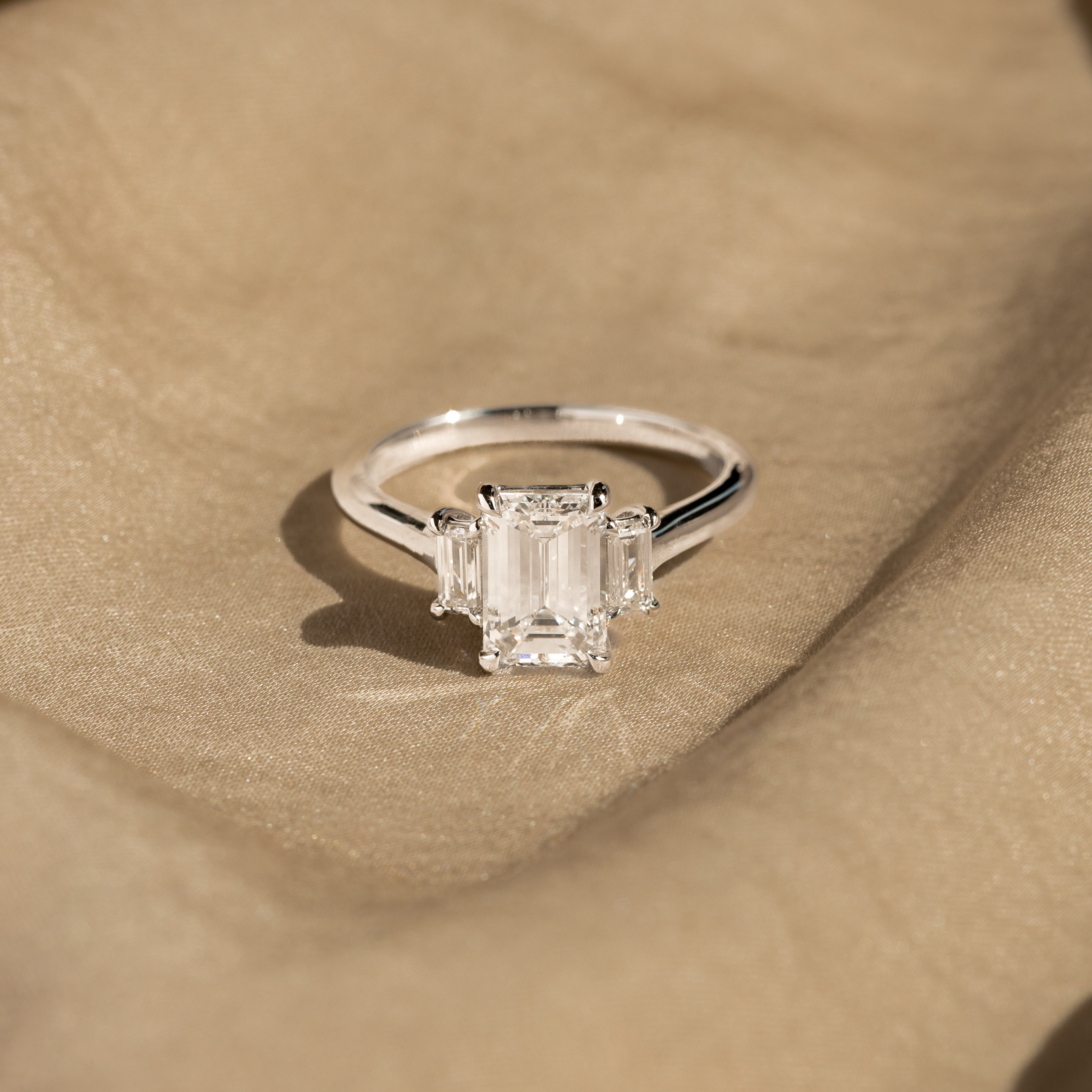 1.73 Carat Emerald Diamond Three Stone Engagement Ring - Queen May