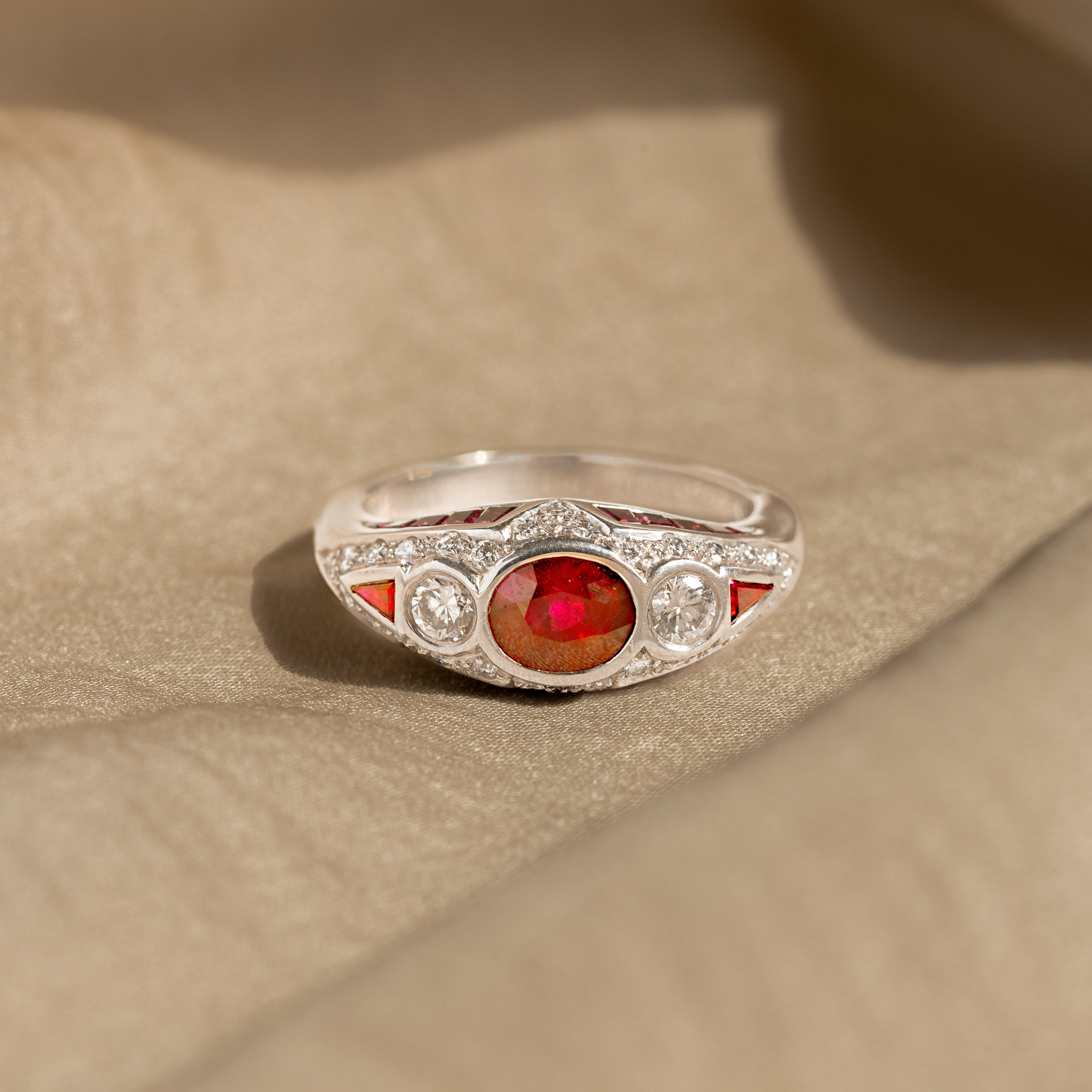 Art Deco Inspired 1.08 Carat Oval Natural Ruby Diamond Ring - Queen May