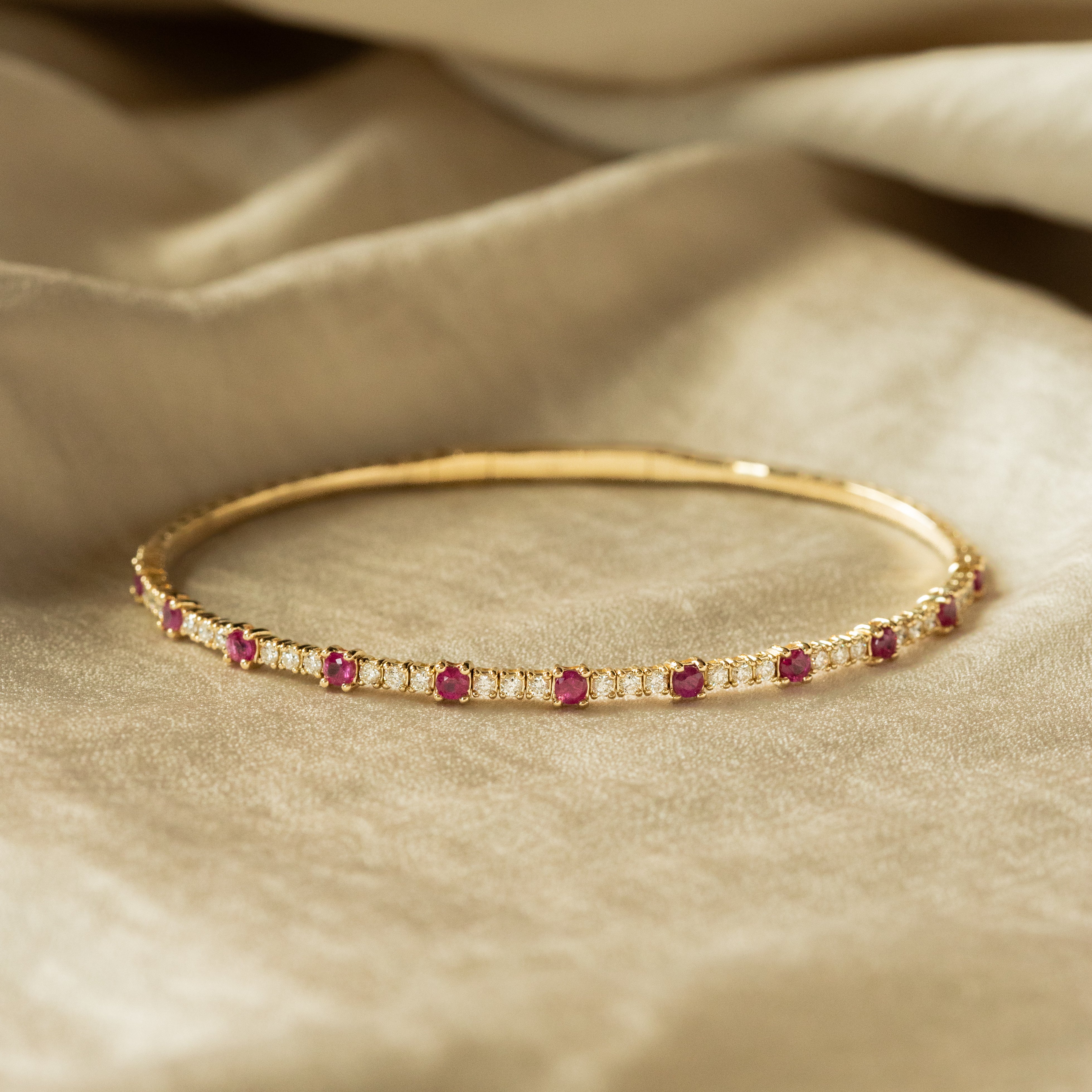 14K Yellow Gold Natural Ruby Diamond Flexible Bangle - Queen May