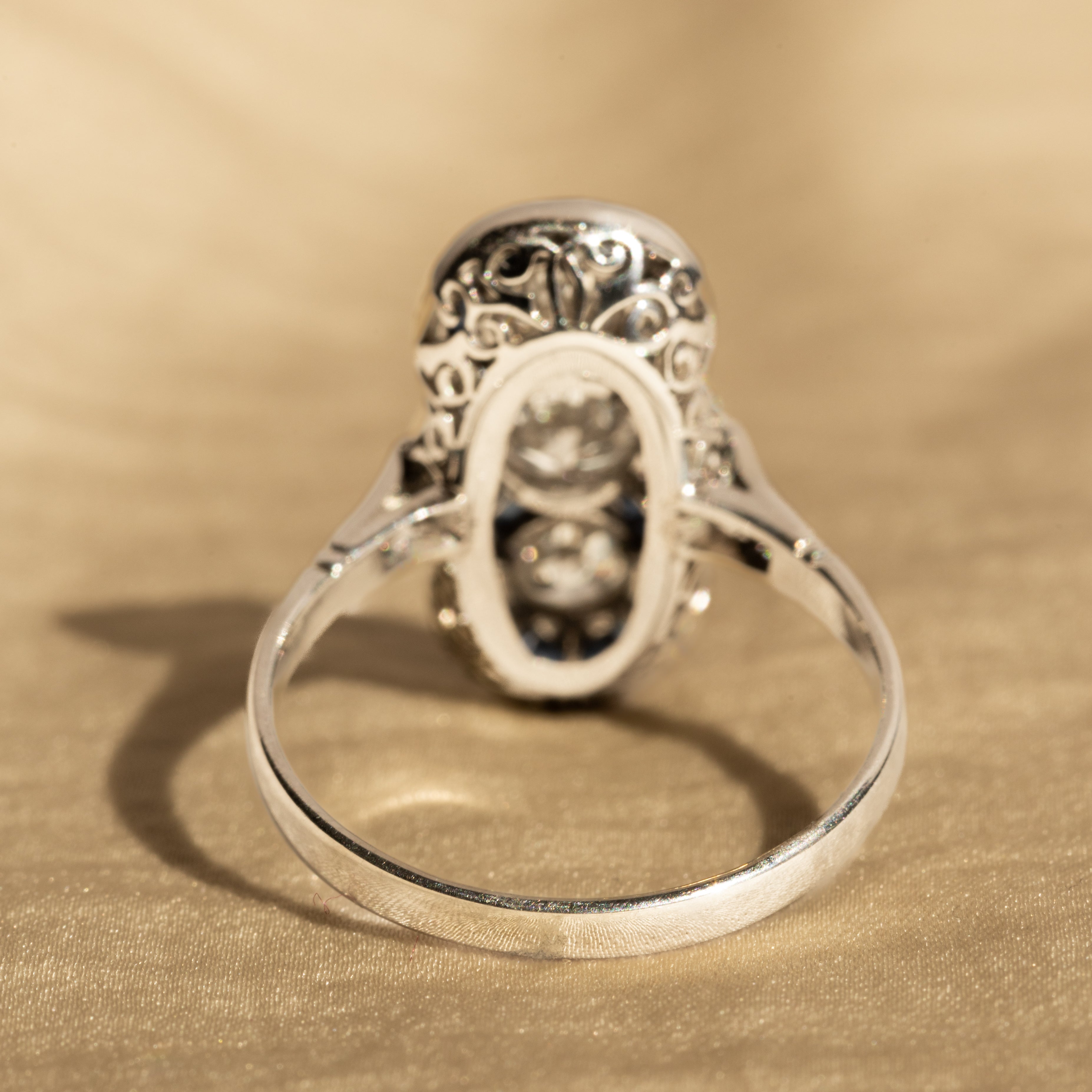 Art Deco Inspired Old European Diamond Natural Sapphire Three Stone Ring - Queen May