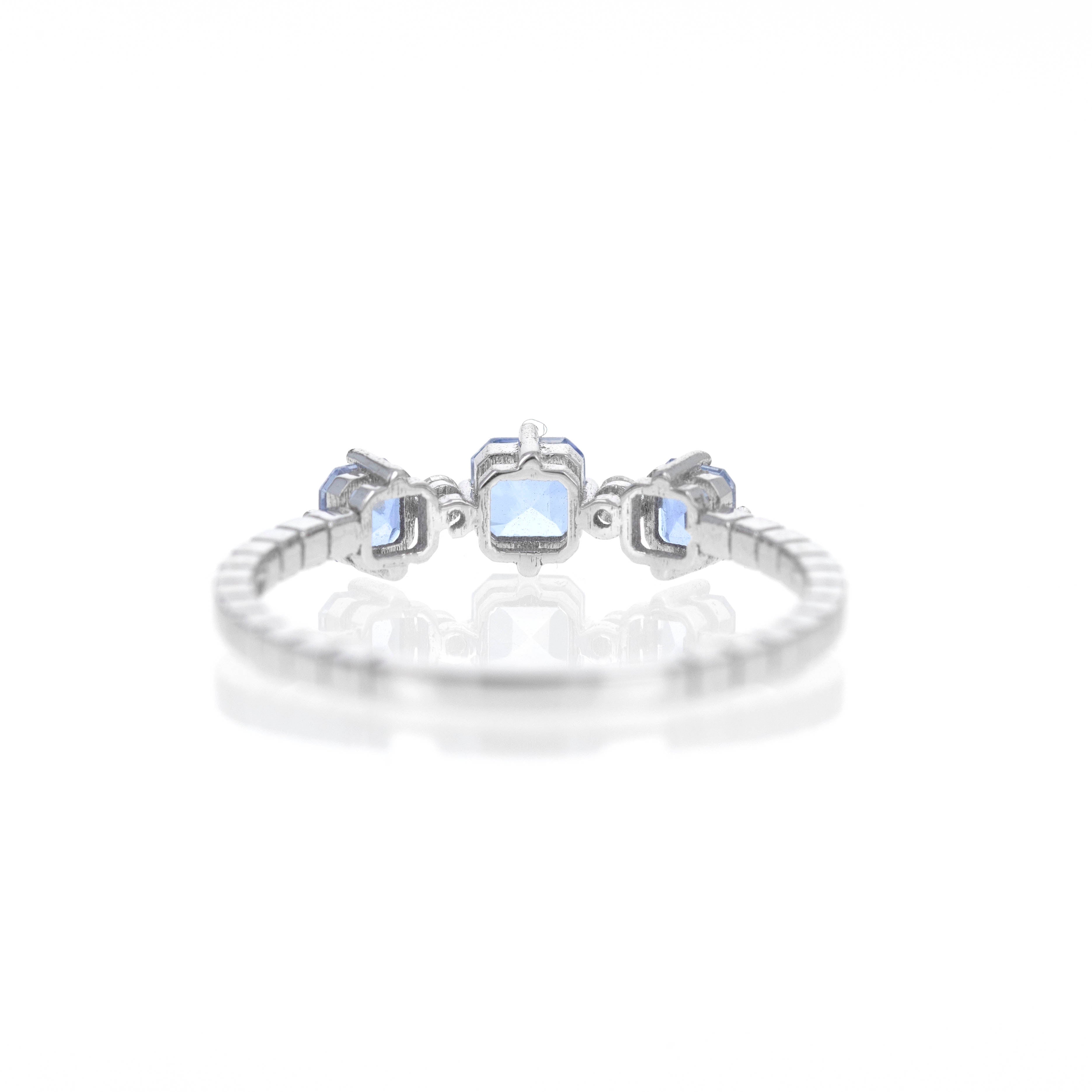 18K White Gold Blue Sapphire Diamond Three Stone Ring - Queen May