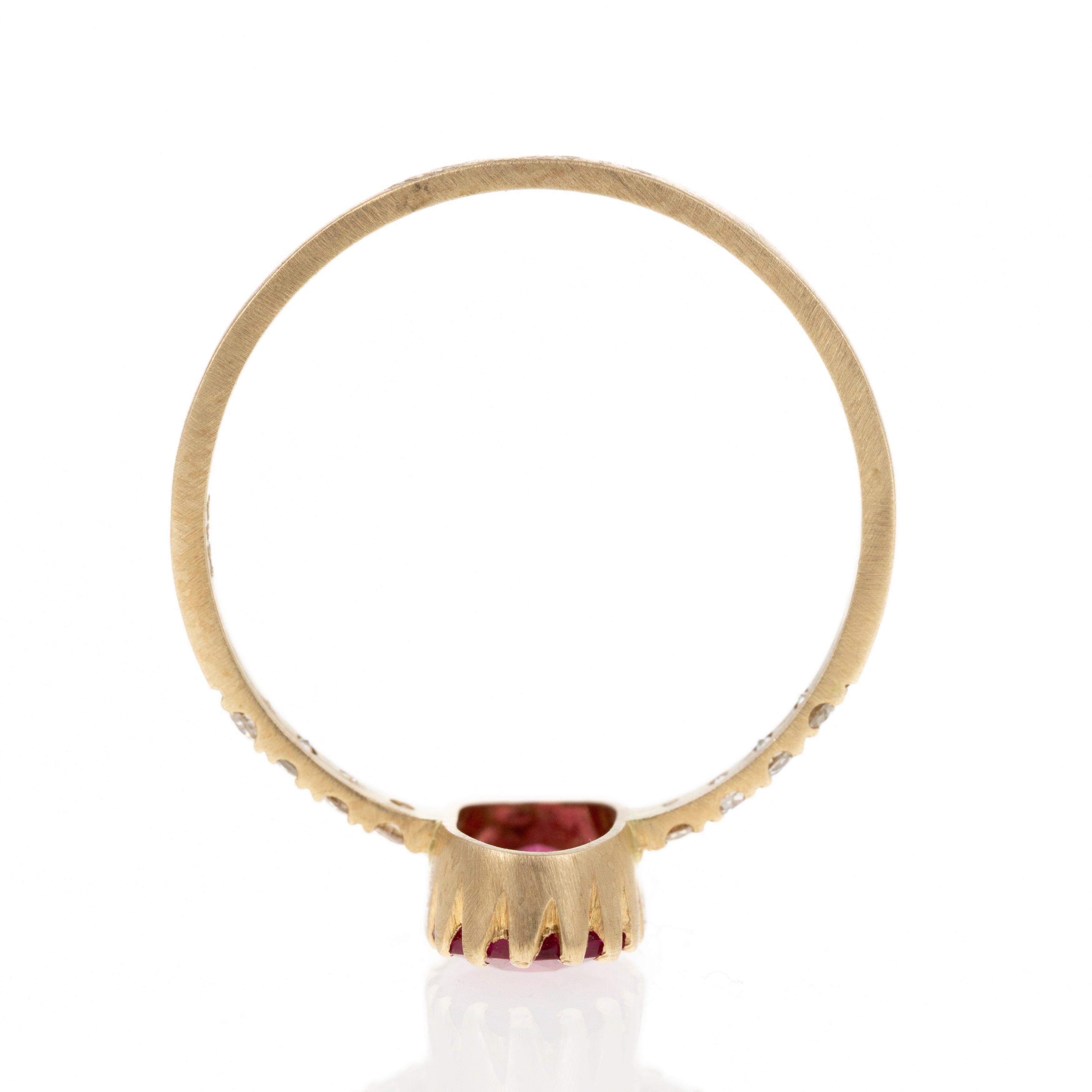 14K Yellow Gold 0.99 Carat Rubellite Tourmaline Diamond Brushed Ring - Queen May