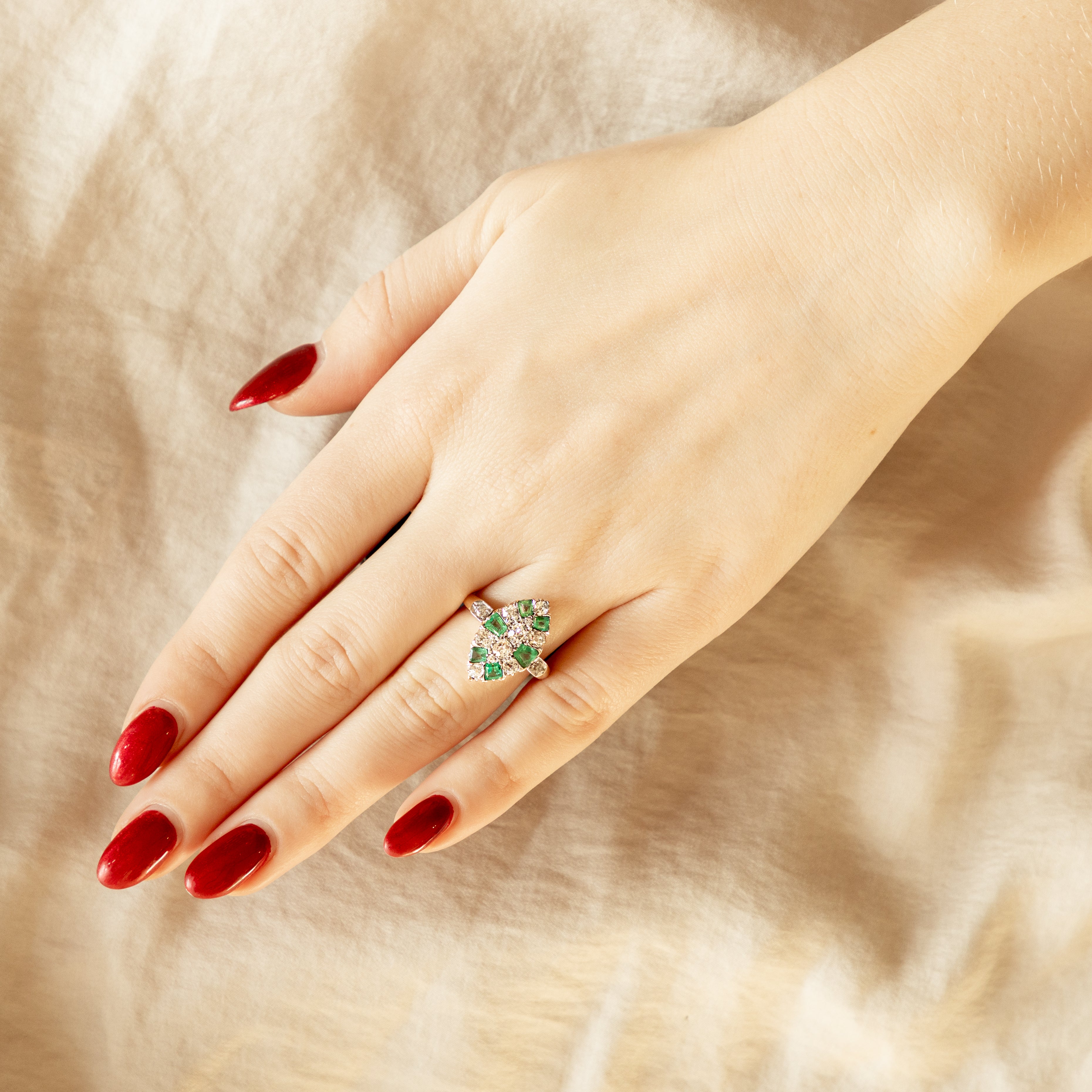 Victorian Old Mine Diamond Emerald Navette Ring - Queen May