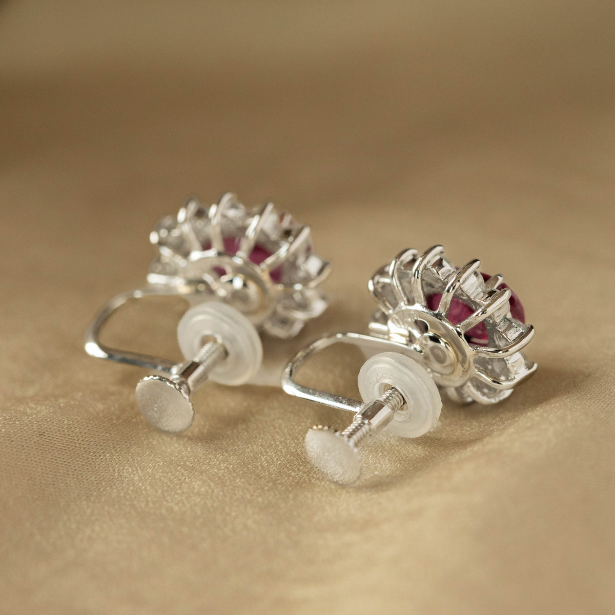 2.60 Carat Oval Natural Ruby Halo Screw Back Earrings - Queen May