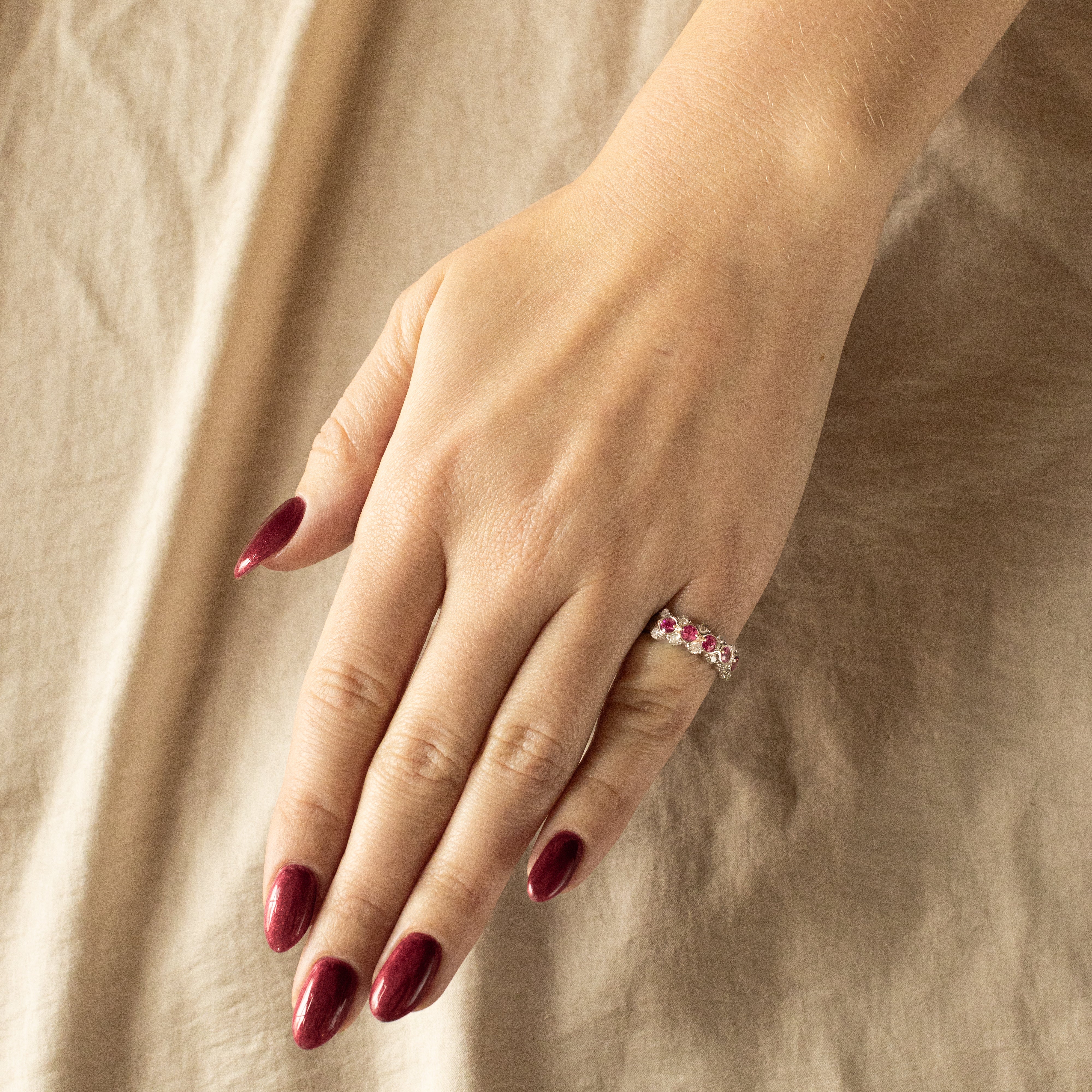 Platinum 0.75 Carat Total Weight Round Natural Ruby Diamond Band - Queen May