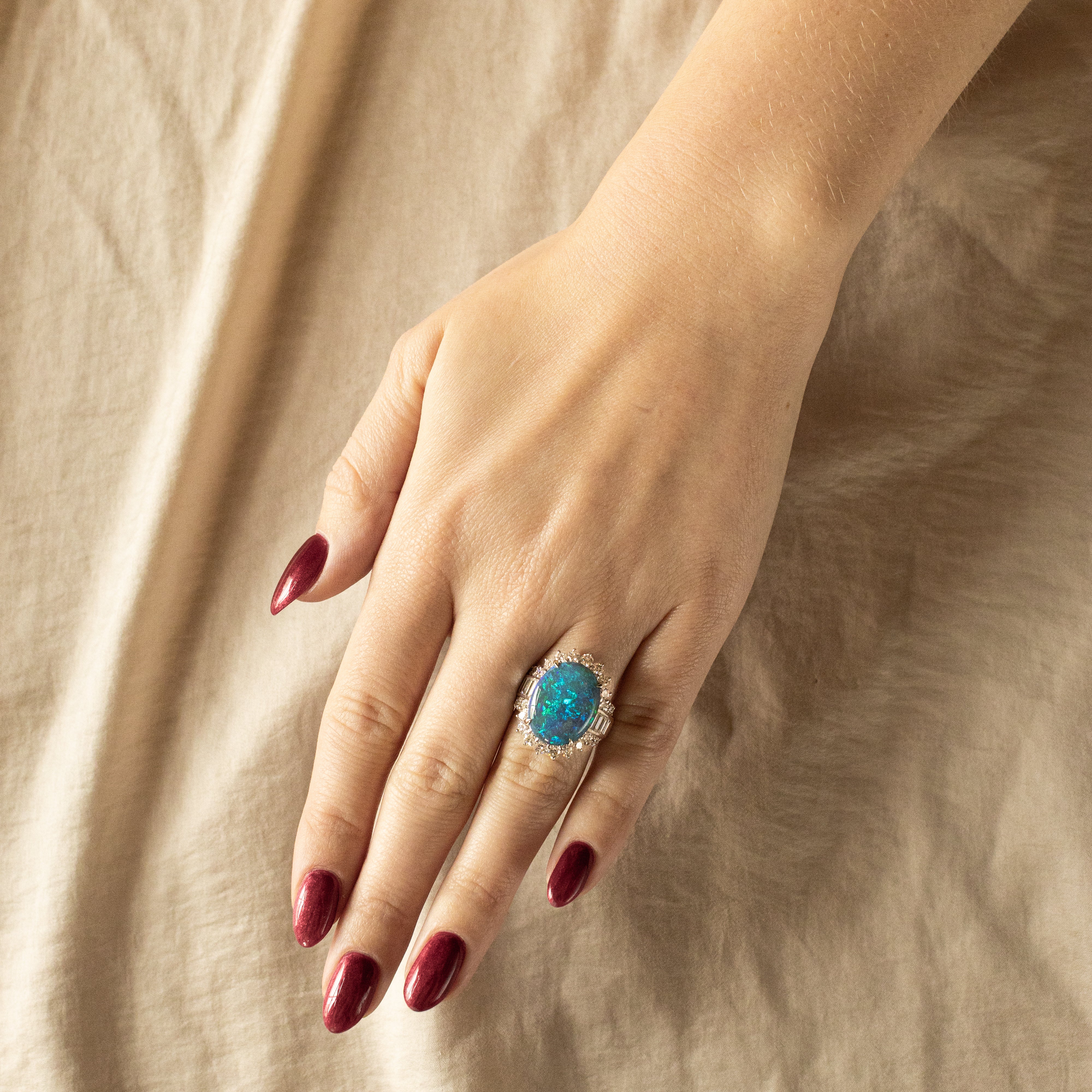 Platinum 7.55 Carat Black Opal Diamond Halo Ring - Queen May