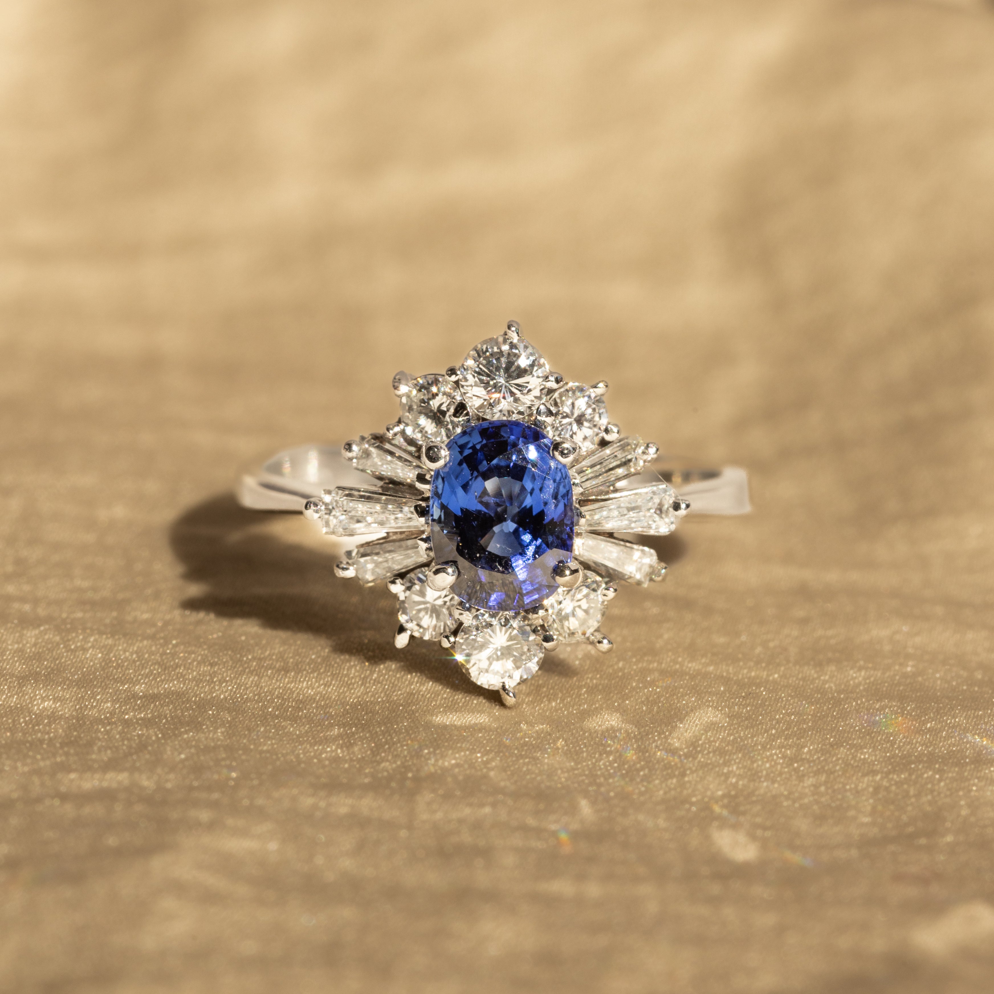1.34 Carat Oval Natural Ceylon Sapphire Diamond Halo Ballerina Fan Ring - Queen May