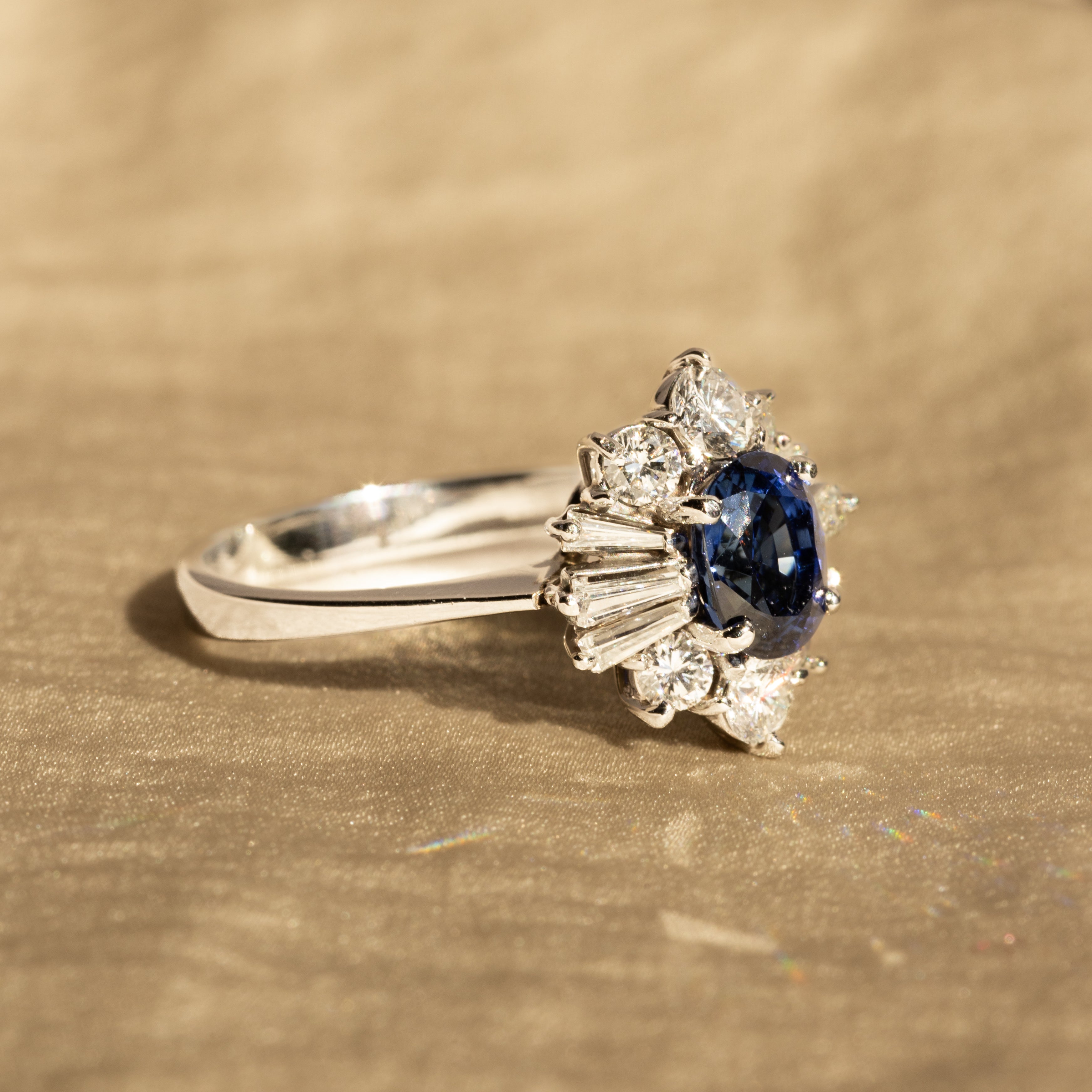 1.34 Carat Oval Natural Ceylon Sapphire Diamond Halo Ballerina Fan Ring - Queen May