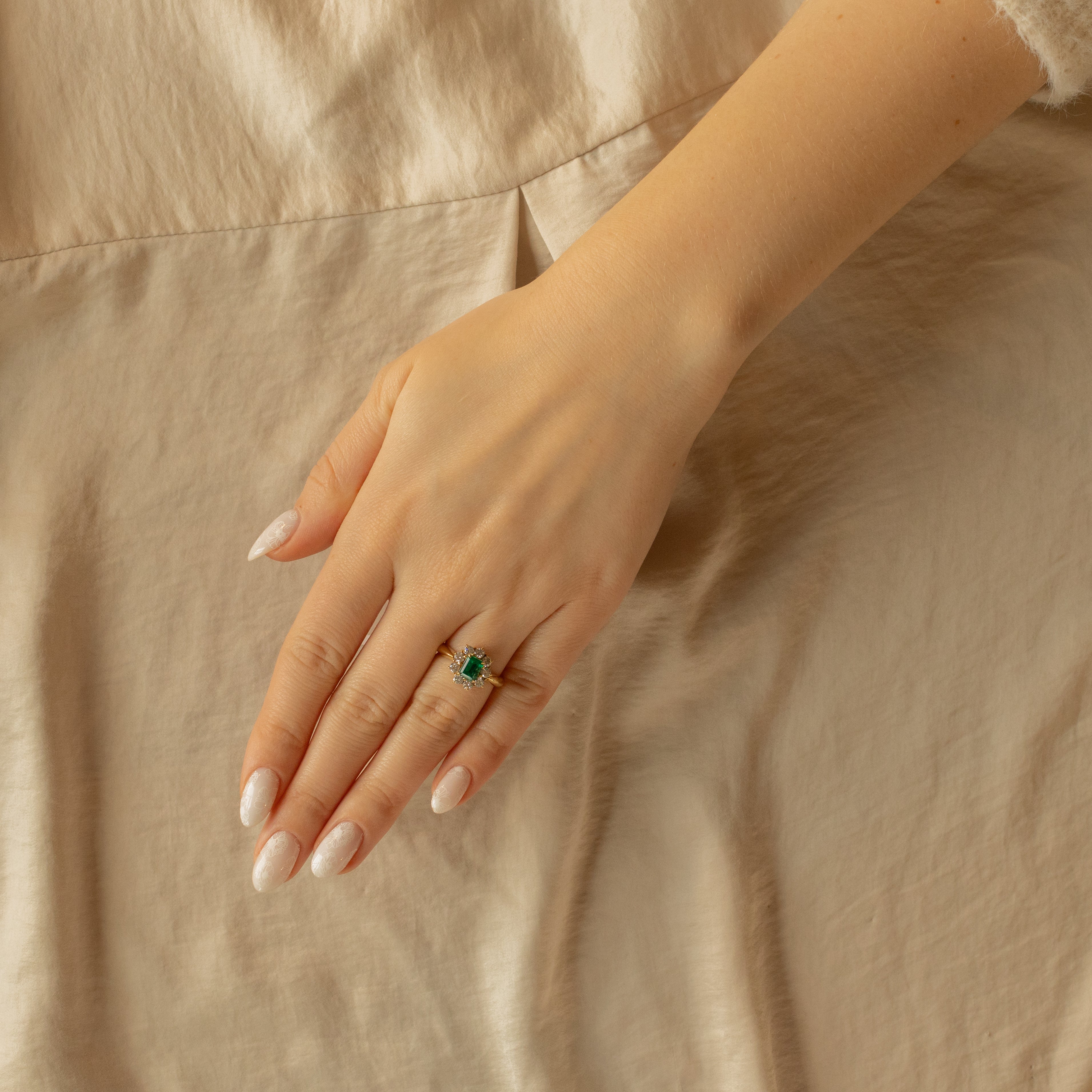 0.78 Carat Natural Emerald Diamond Halo Ring - Queen May