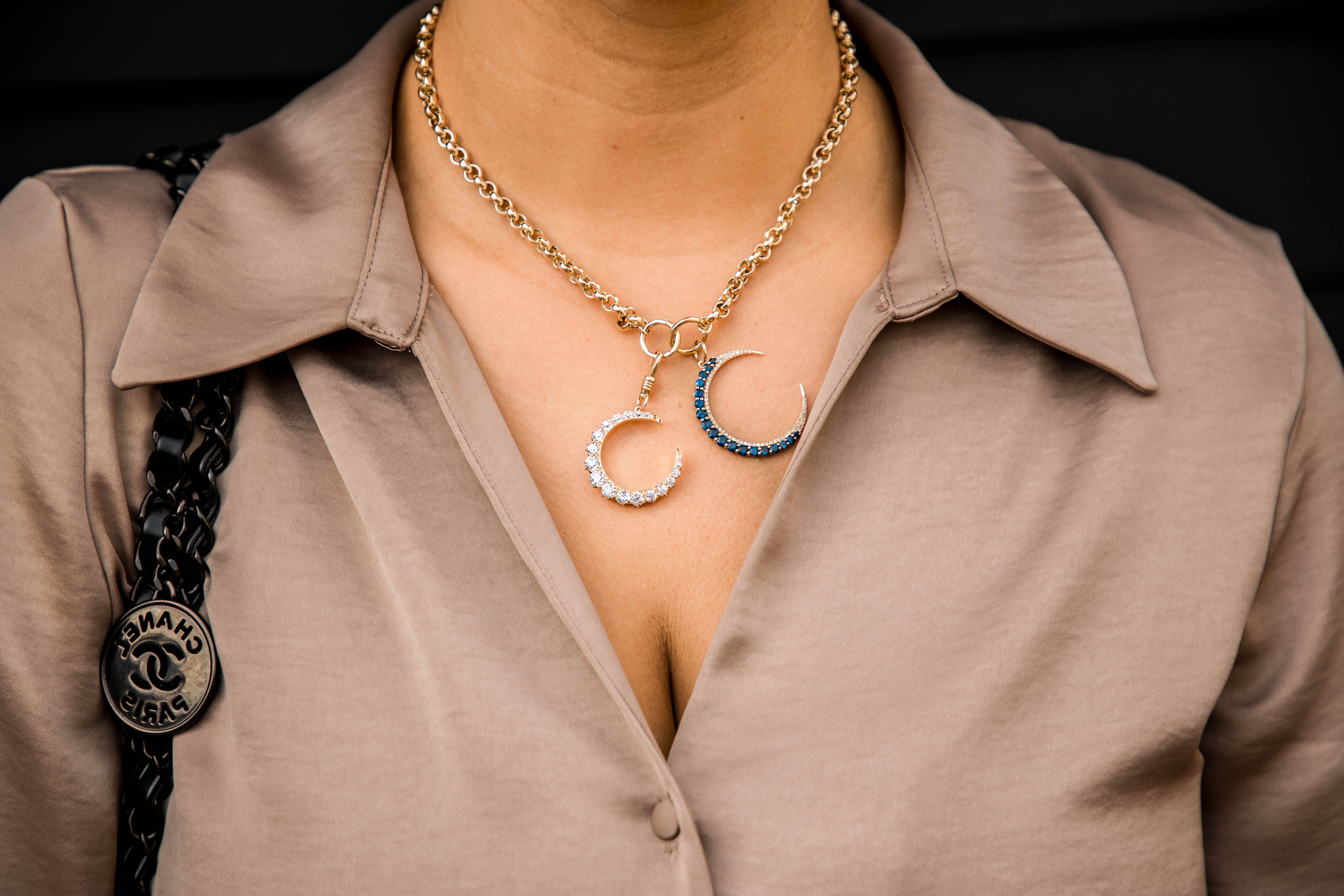 Vintage Inspired Crescent Moon Pendant Charm Blue Sapphire - Queen May