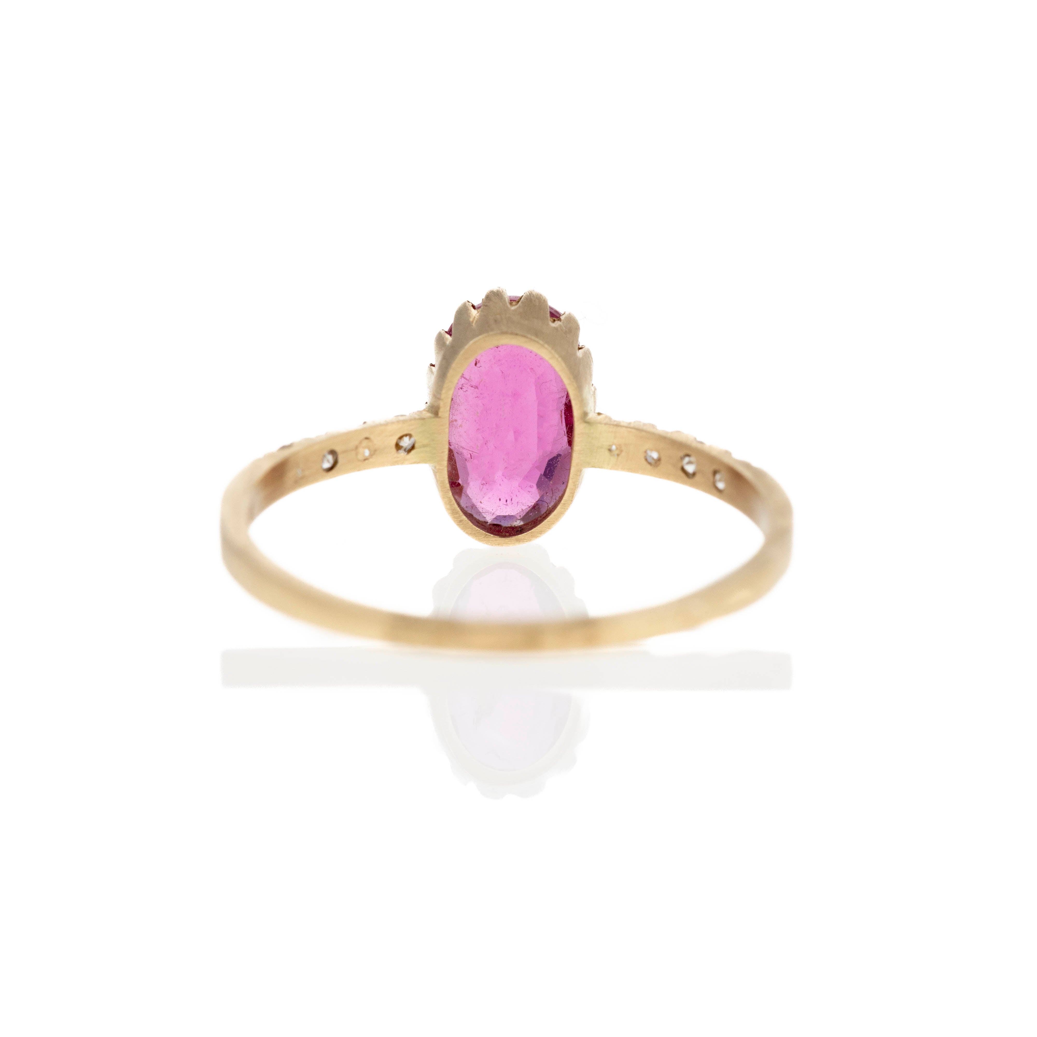 14K Yellow Gold 0.99 Carat Rubellite Tourmaline Diamond Brushed Ring - Queen May
