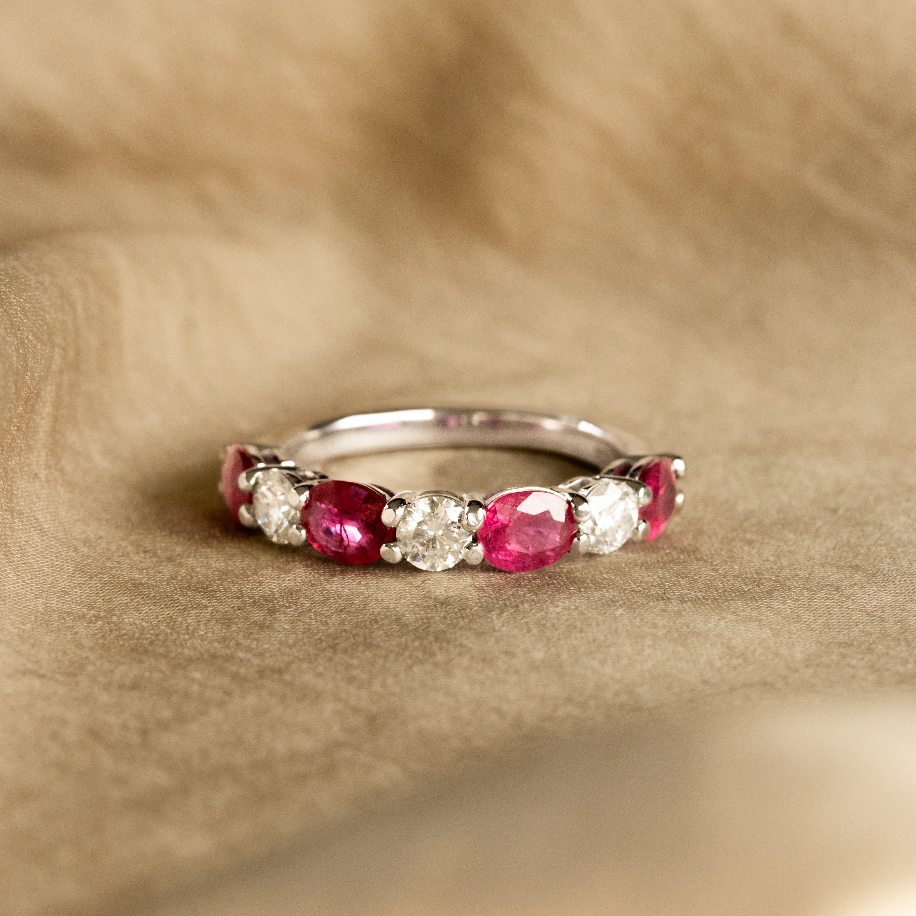 18K White Gold Oval Natural Ruby Round Diamond Band - Queen May